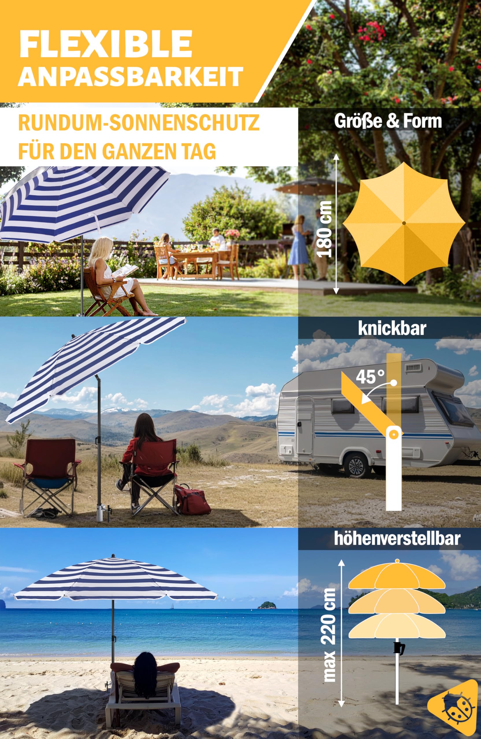 Menz Sonnenschirm Strand in Blau-Weiß - 3er Set inkl. Strandschirm windfest stabil + Rasendorn Sonnenschirmhalter + Sonnenschirmhülle, Sonnenschirm mit Rasendorn, robuster Schirmspieß für Garten