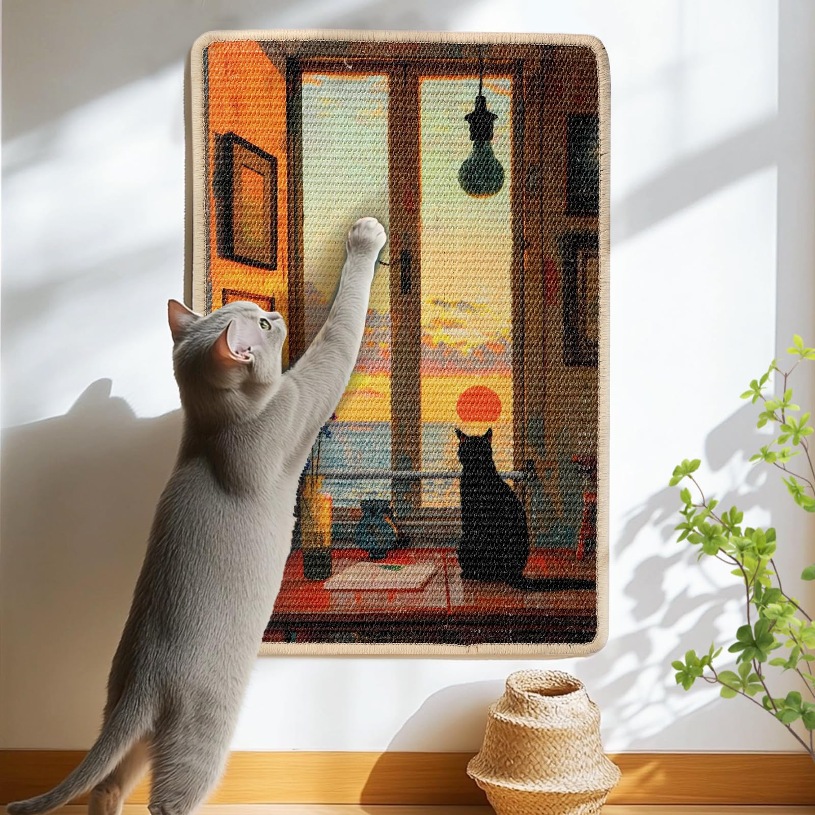 3-in-1 Sisal Cat Scratcher Mat 23.6x15.7 – Durable Scratch Rug for Floor & Wall with Sticker Tape, Protects Couch, Carpet & Furniture, Anti-Slip, Pet-Safe for Indoor/Outdoor Cats, Golden Afterglow