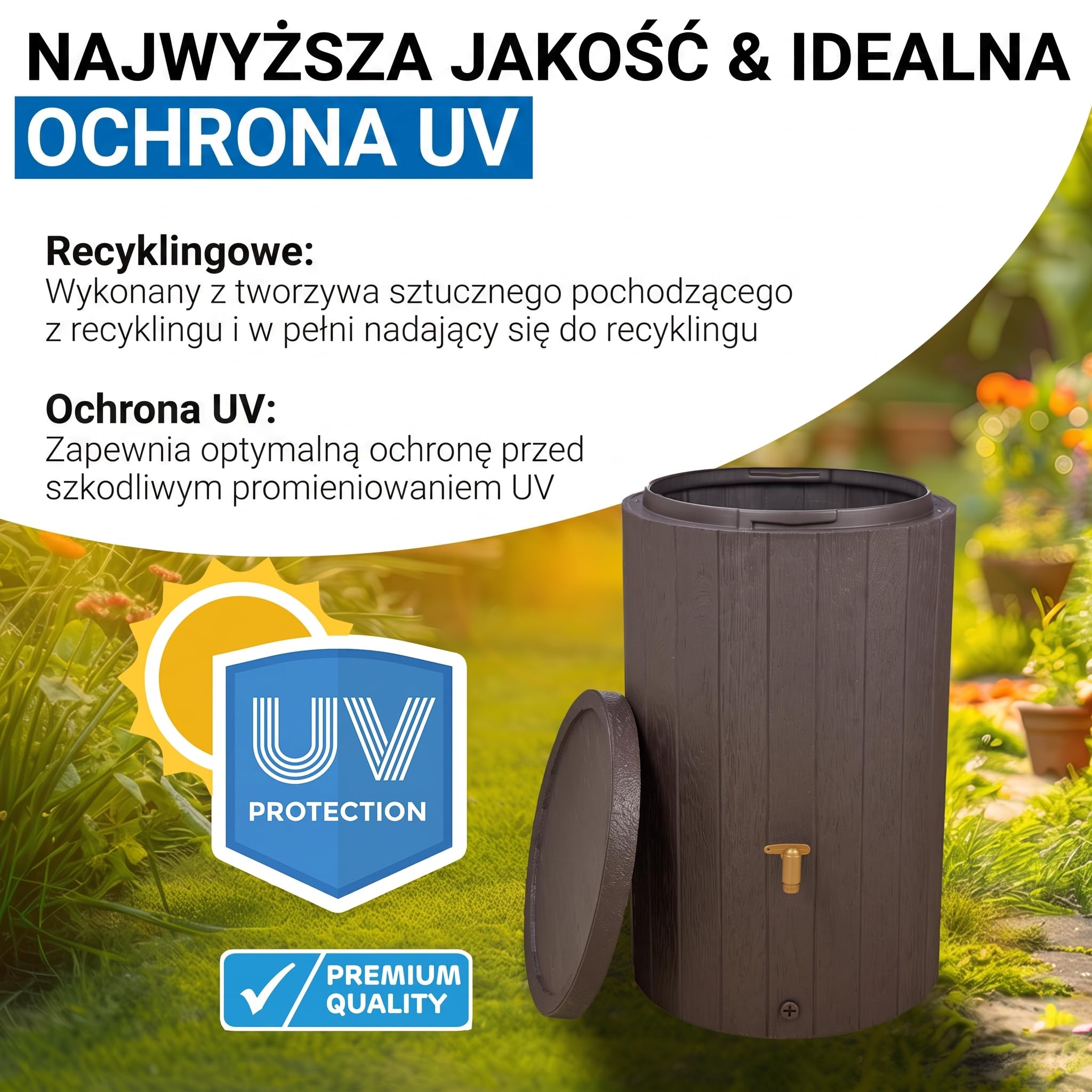4rain MADERA zbiornik na deszczówkę zestaw kompletny 220 l brązowy | z kranem spustowym z tworzywa sztucznego i przyłączem do rury spustowej