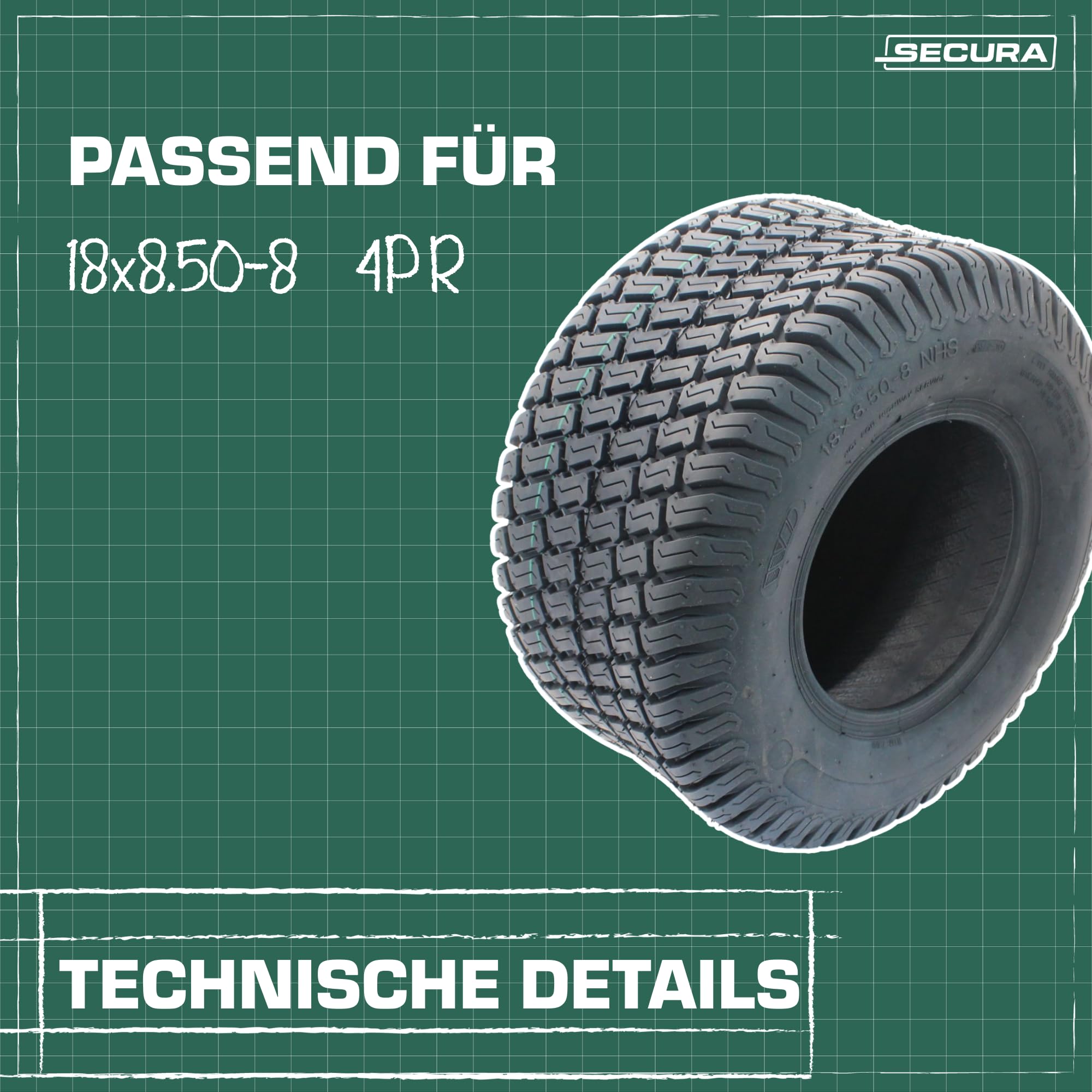 SECURA 2x pneus avec chambre à air 18x8.50-8 compatibles avec divers tondeuses à gazon autoportées