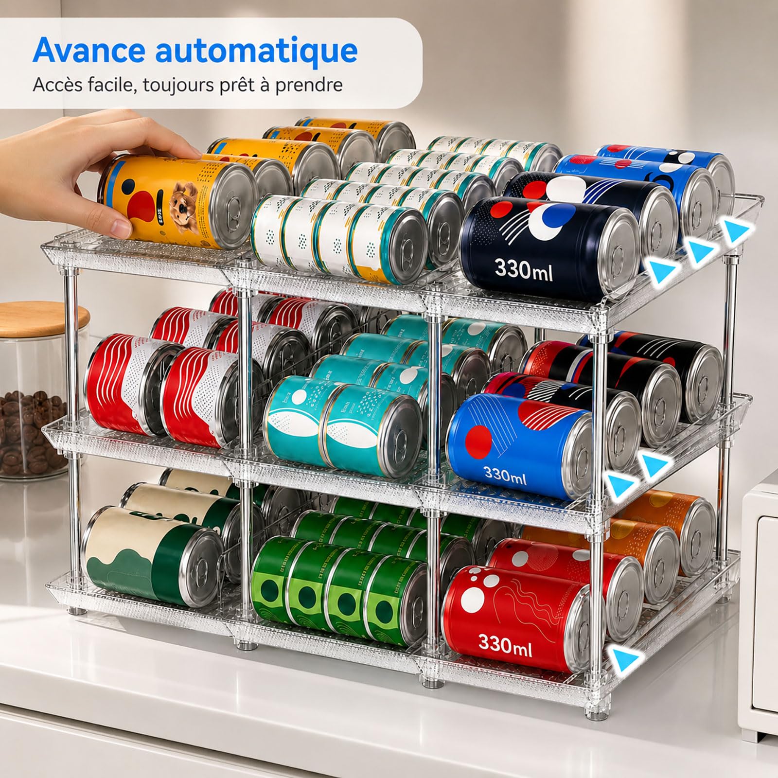 Organisateur de Canettes & Boîtes de Conserve pour Garde-Manger – Distributeur 3 Niveaux Empilable pour Placard Cuisine & Frigo – Rangement Ajustable pour Conserves, Sodas & Pâtée Chat