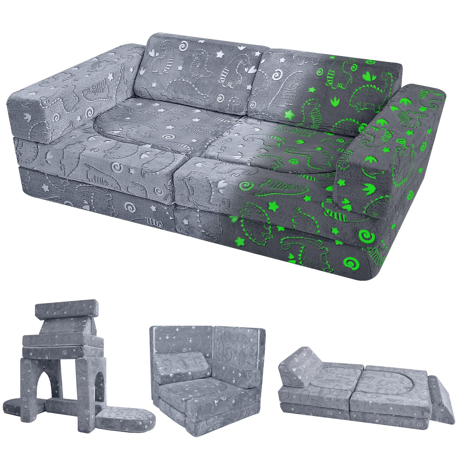 MeMoreCool 10-Piece Kids Play Sofa Bed, Modular Toddler Couch Glow Sofa Chair for Playroom Bedroom, Fold Out Play Couch for Girl Boy, Children Convertible Foam Sofa, Glowing Dino โ image 1