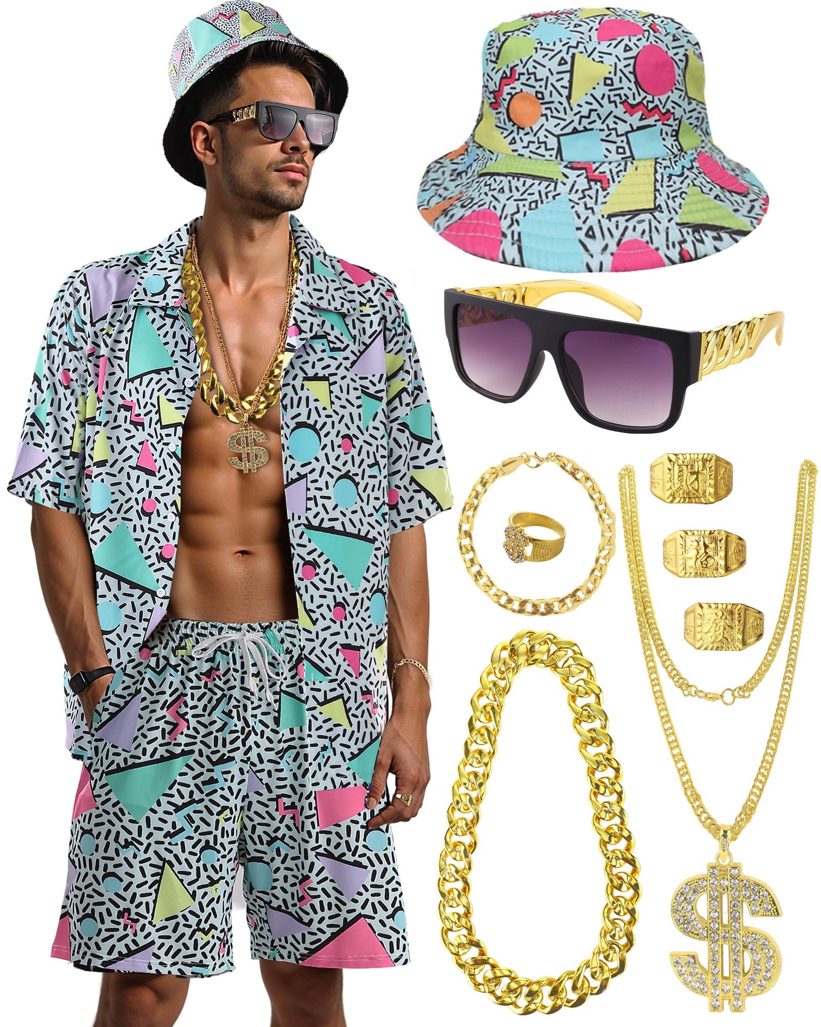 80s 90s Outfit for Men, Hip Hop Costume Button Up Blouse Tops Disco Retro Theme Party Outfit Hawaiian Vintage LightBlue-L