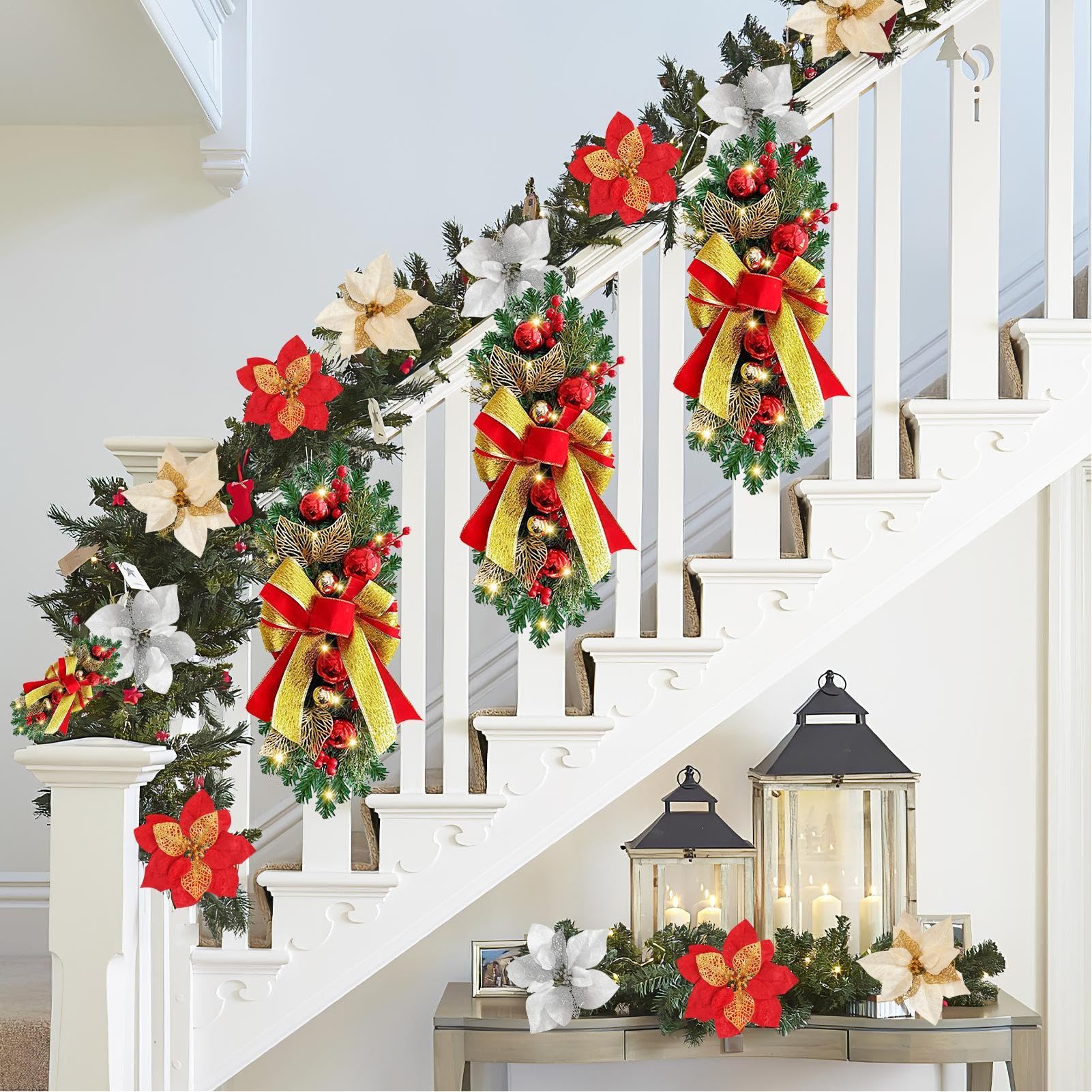 Weihnachtskranz Girlande für Treppen, Weihnachten Tannenzweige für Dekoration, Weihnachtskranz mit roter Schleife, Garten Tannenzweige und Zapfen Girlande Türdekoration Küche, Haushalt & Wohnen