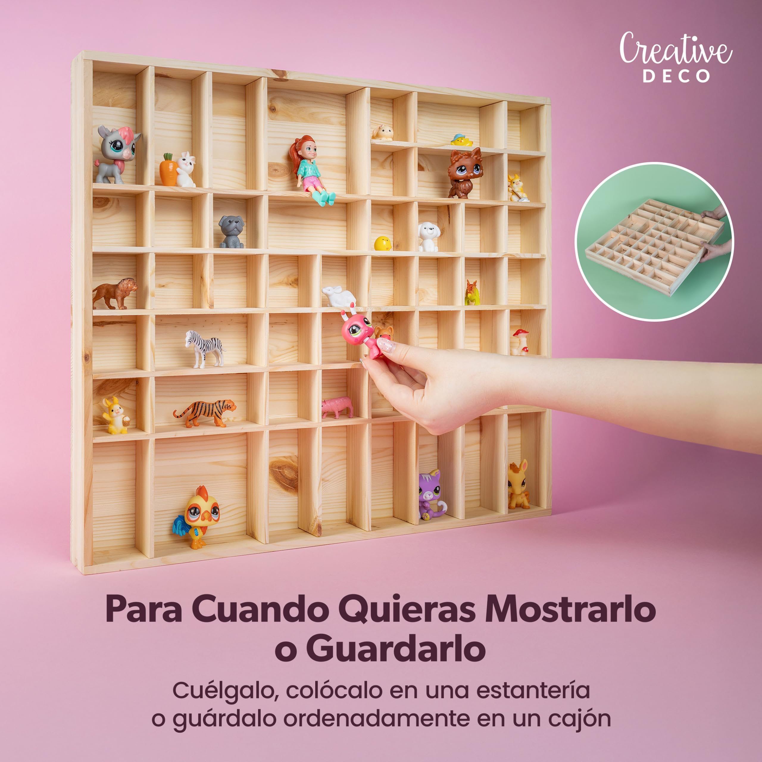 Creative DECO Vitrina Expositora Coleccionista | 51 Compartimentos | 52 x 46 x 5 cm | Estantería de Madera para Miniaturas, Figuritas, Joyería, Objetos de Valor, Juguetes Pequeños