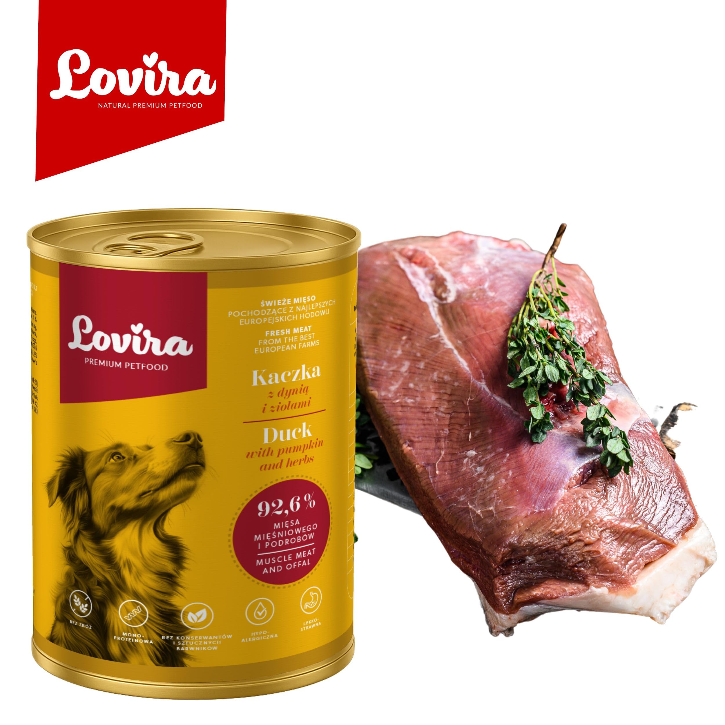 Lovira - mokra karma dla psów - mokra karma dla psów - 74,6% mięsa, bez zbóż, kaczka - z dynią i ziołami, bez sztucznych dodatków, dla wrażliwych, dorosłych psów, w puszce, 24 x 400 g