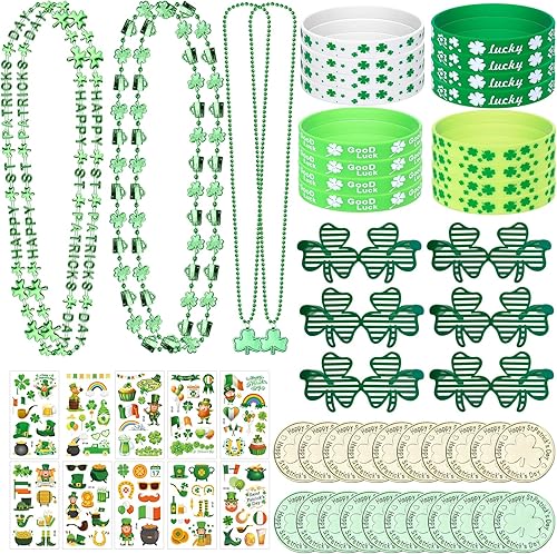 Juego de accesorios para el día de San Patricio, 148 piezas, incluye cuentas verdes, collar de trébol, persiana, gafas, tatuajes, pulseras, monedas