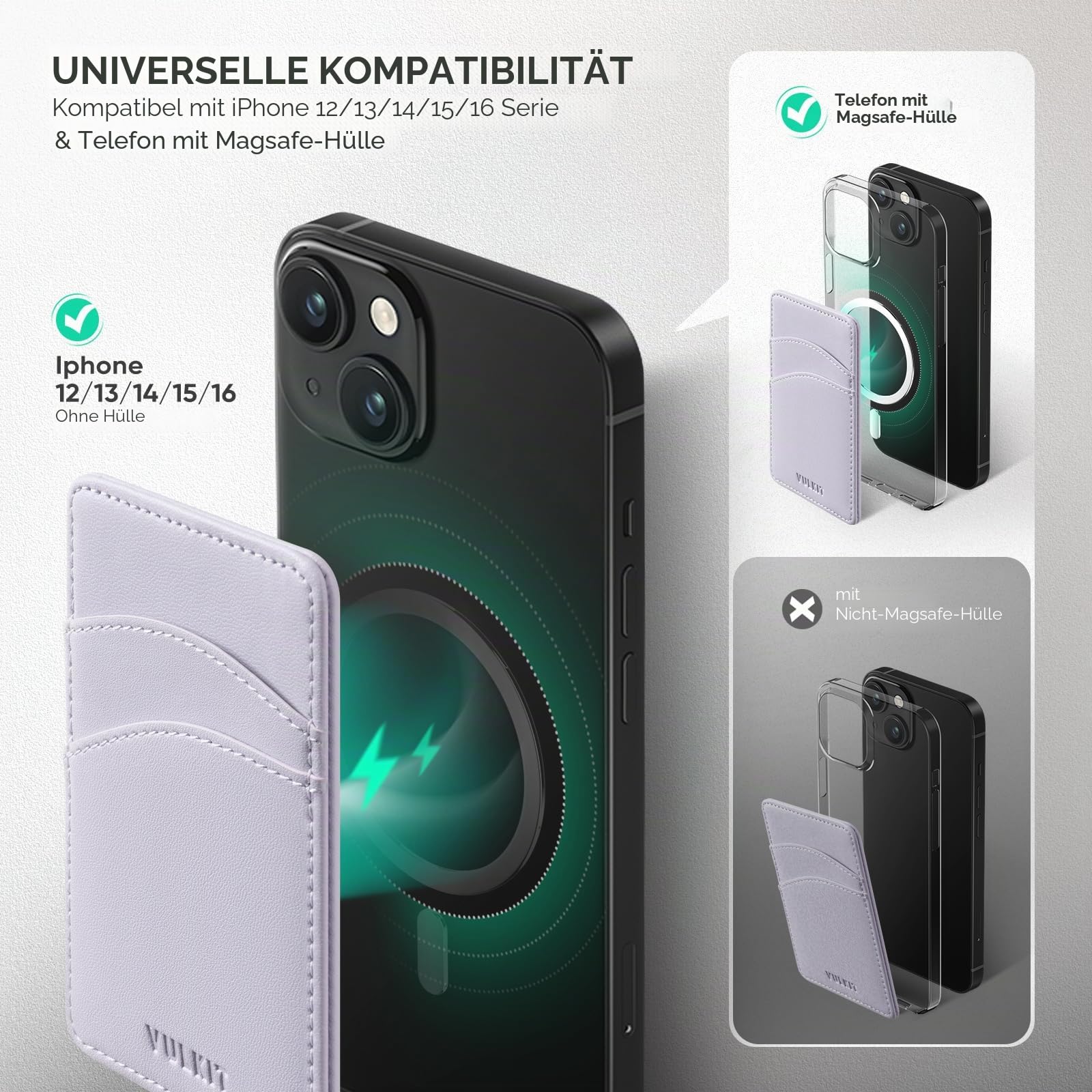 VULKIT Magnetischer Kartenhalter für Handy, dünn, aus Leder, für Damen, Kreditkartenetui mit RFID-Blockierung, Magsafe, Lila, Klassisch