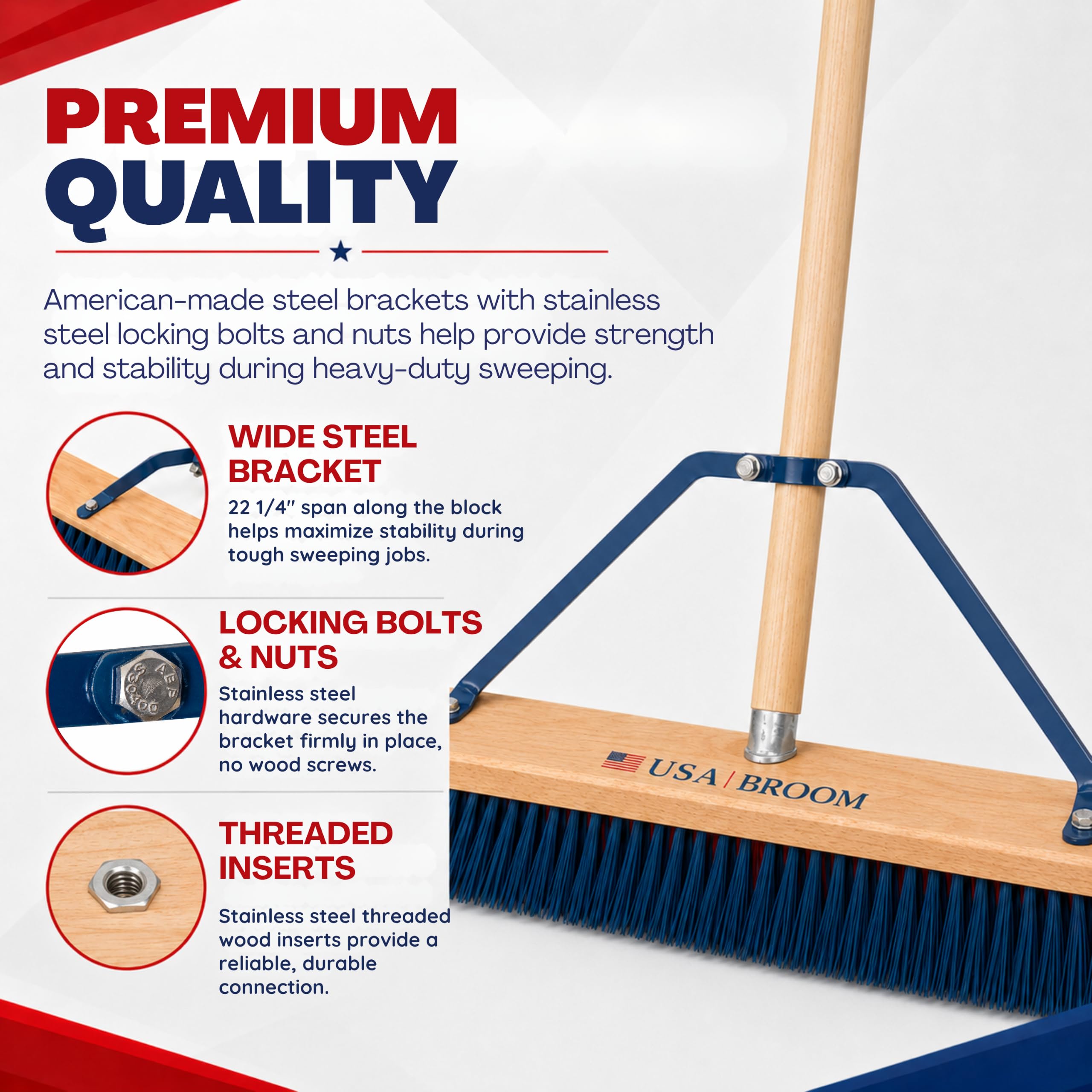 Escoba de empuje resistente de 24 pulgadas para exteriores con mango de 60 pulgadas. Ideal para aspalto, hormigón y desechos pesados. Soportes de acero duraderos fabricados en Estados Unidos,