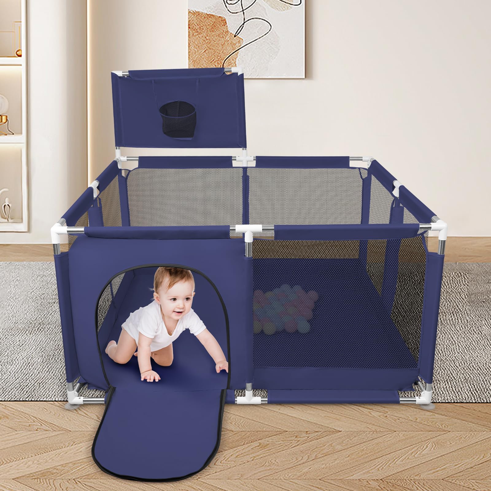 Parc Bébé, Centre d'activités pour Enfants, Modulable, Grand Parc De Jeux avec 50pcs Boules Plastiques, pour la Maison (126x126x66cm, Bleu Marine)