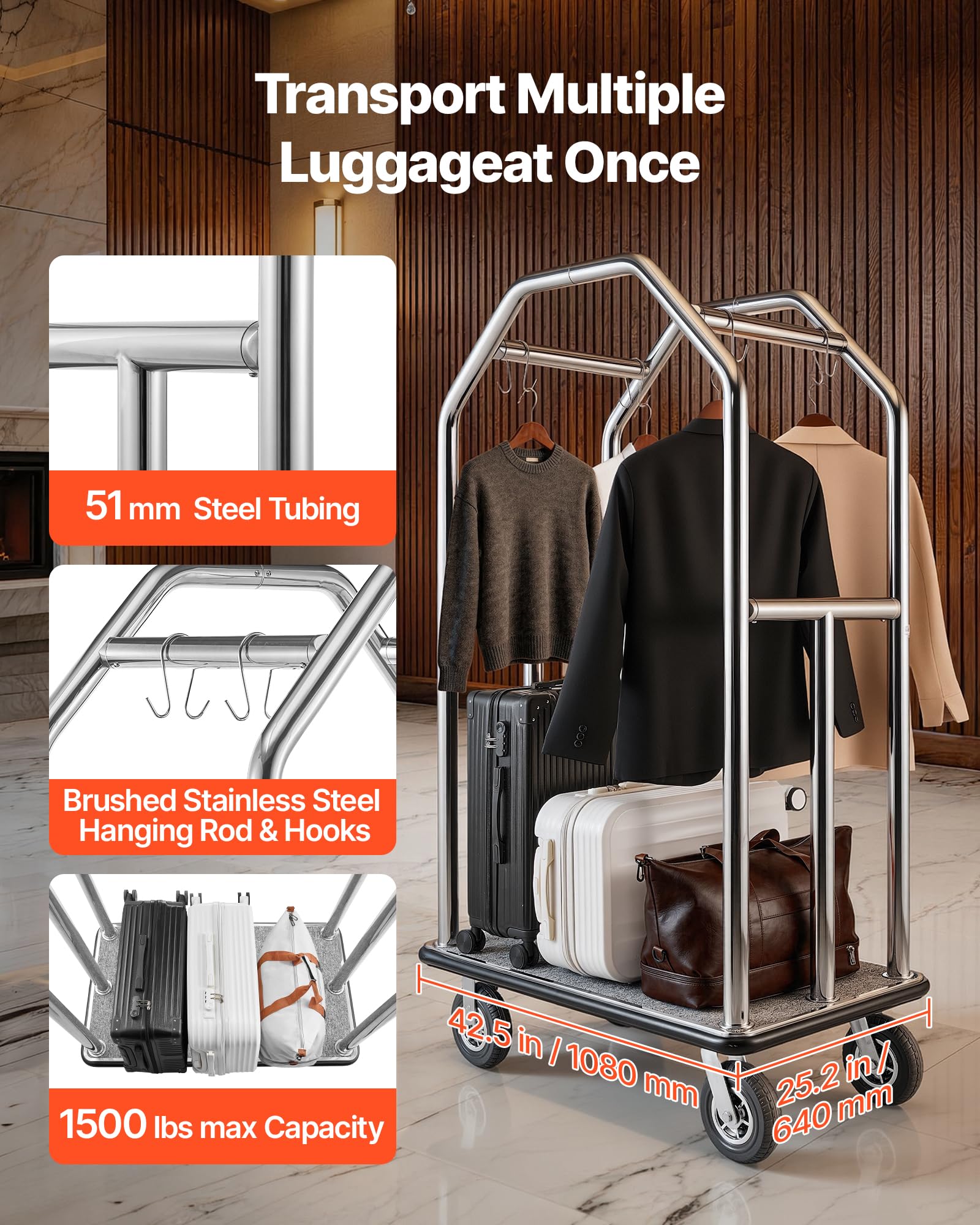 VEVOR Carrello Portabagagli per Hotel, Portata Max 680,39 kg, Carrello Bagagli Hotel con Telaio in Acciaio Inox, Ruote in Gomma da 203 mm, Pianale Rivestito in Moquette Grigia, per Alberghi e Resort
