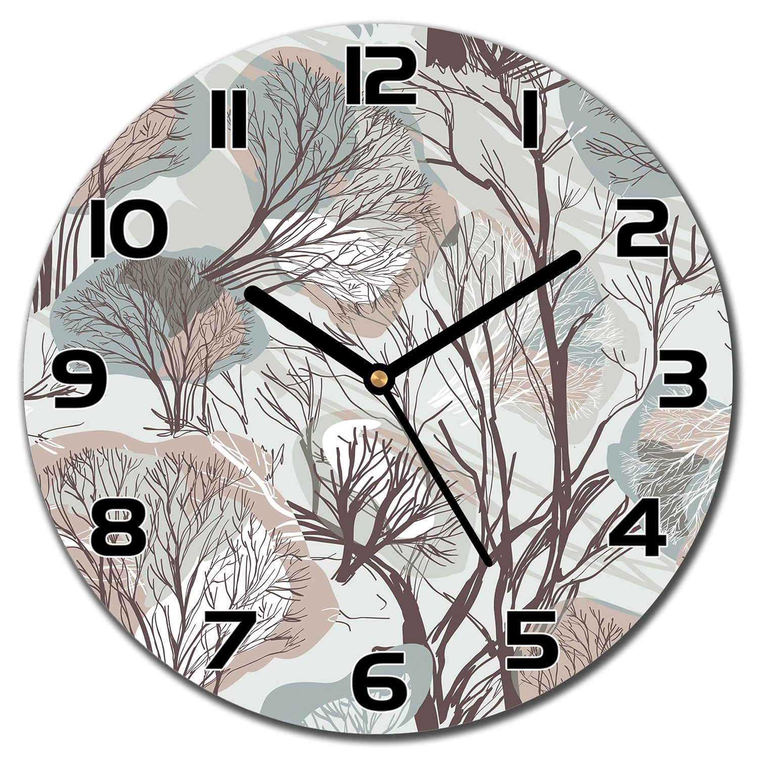Horloge en verre 30 cm forêt d'hiver pastel et bois aiguilles noires moderne