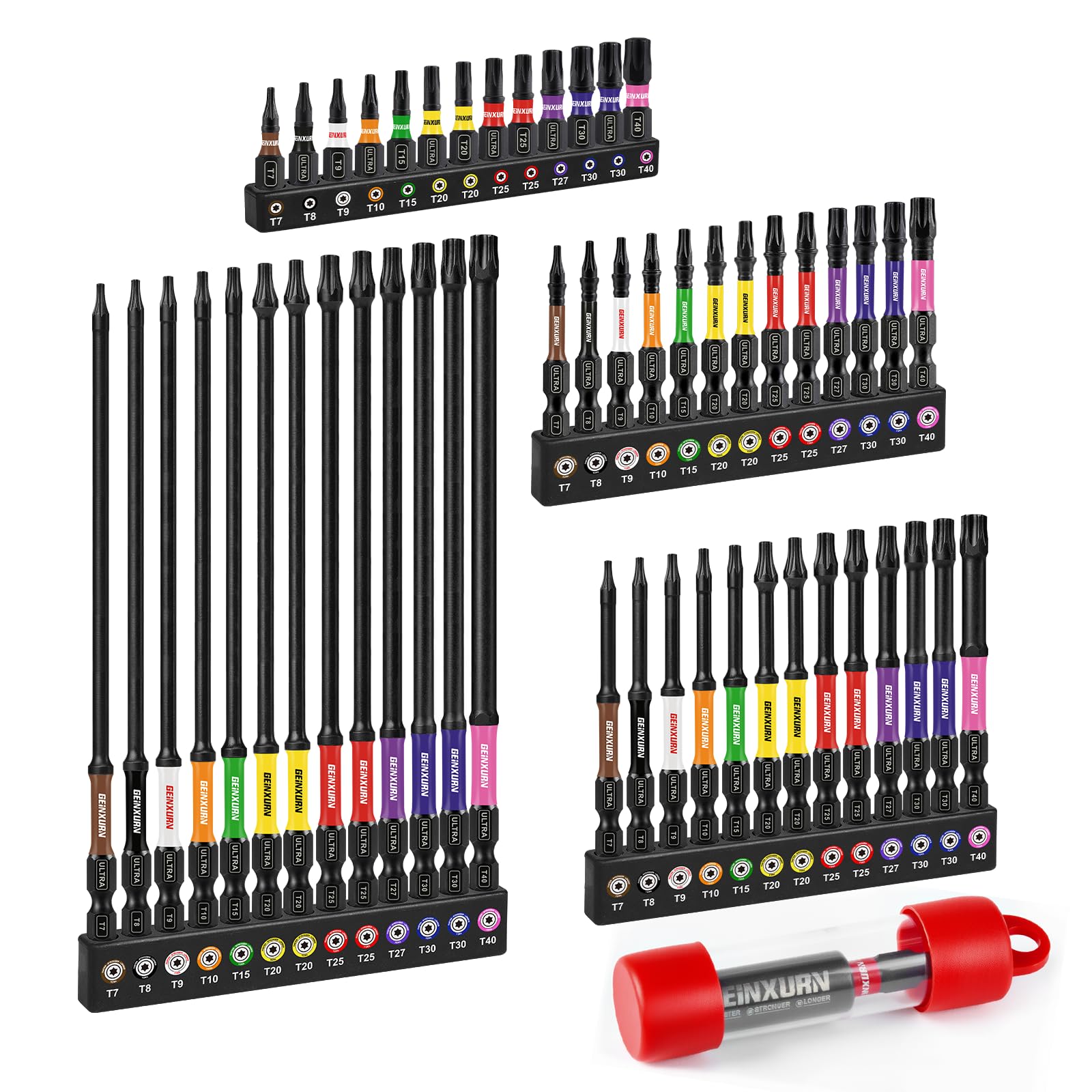 Geinxurn Impact Torx Screwdriver Bits Set, 52Pcs Magnetic(T7-T40) S2 Steel 1”/2”/3”/6” Long Extension Multi Star Driver Bits and 1Pc Bit Holder with Color Coded Base