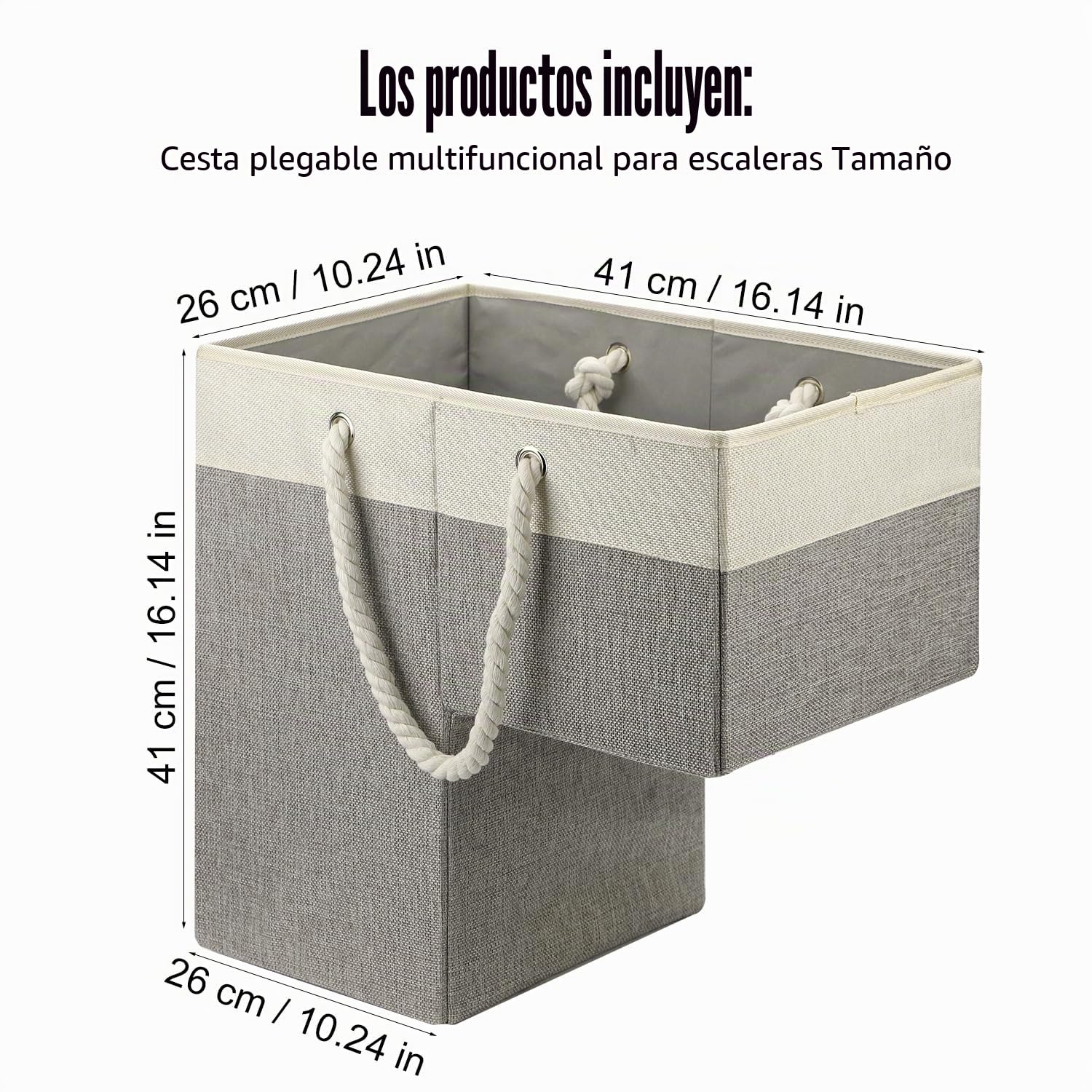 Cesta para Escaleras, 41 x 26 x 41 cm Cesta Multifuncional para Escaleras Organizador Contenedor de Almacenamiento con Asas de Cuerda Cesta Plegable para el Hogar y la Oficina