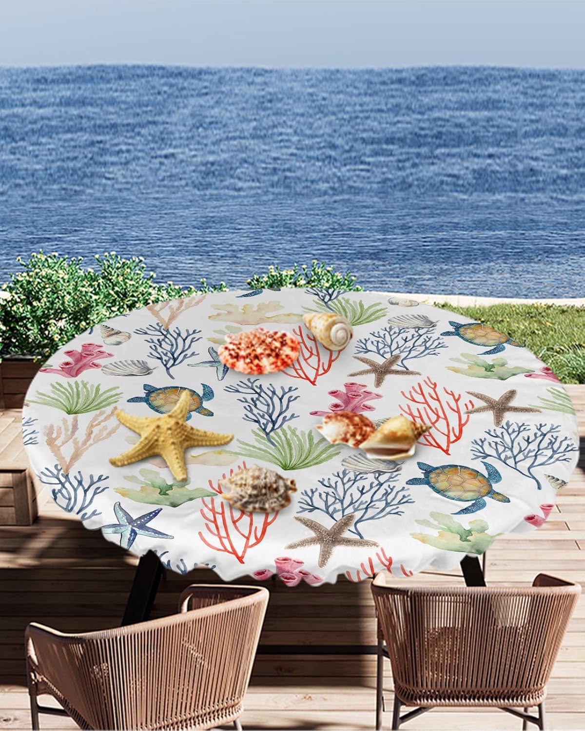 Ocean Round Fitted Table Cover for Dining Tables,Elastic