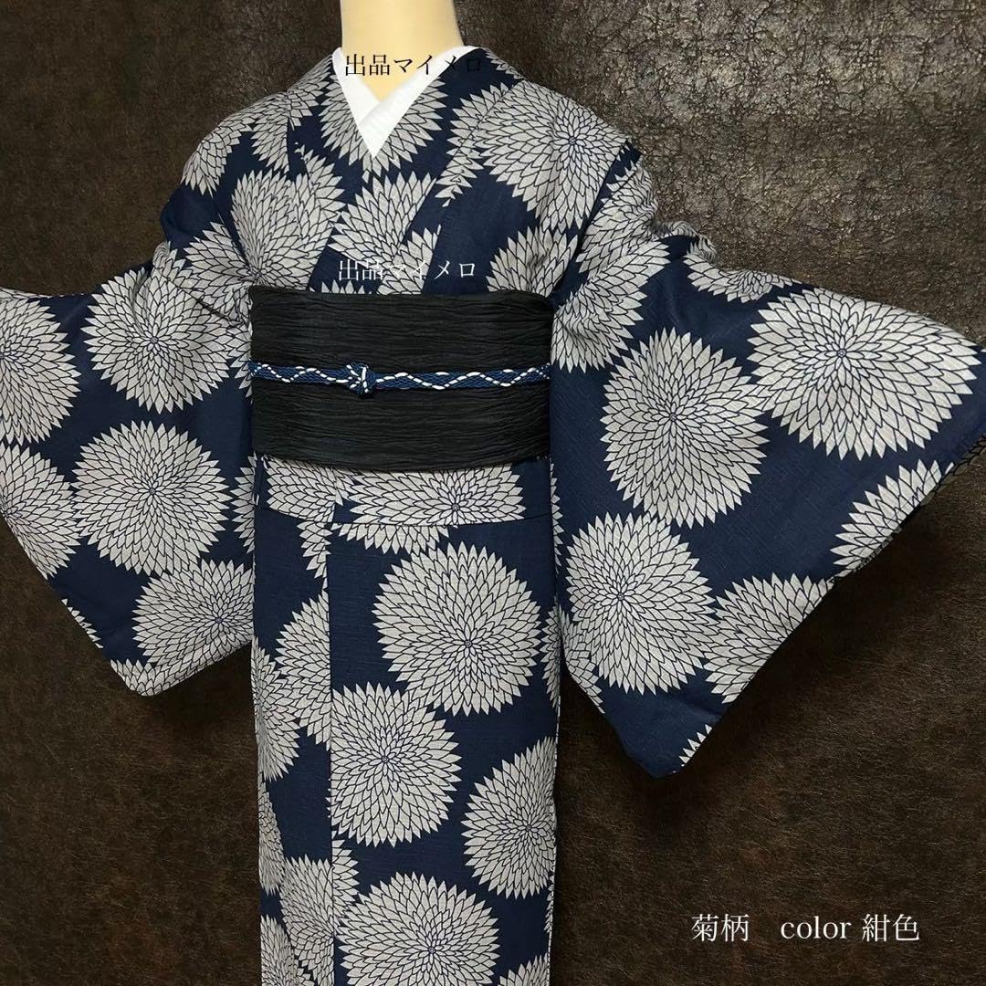 浴衣 綿麻 粋な夏着物 菊柄 紺色 兵児帯 プリーツ 黒 2点 0524④