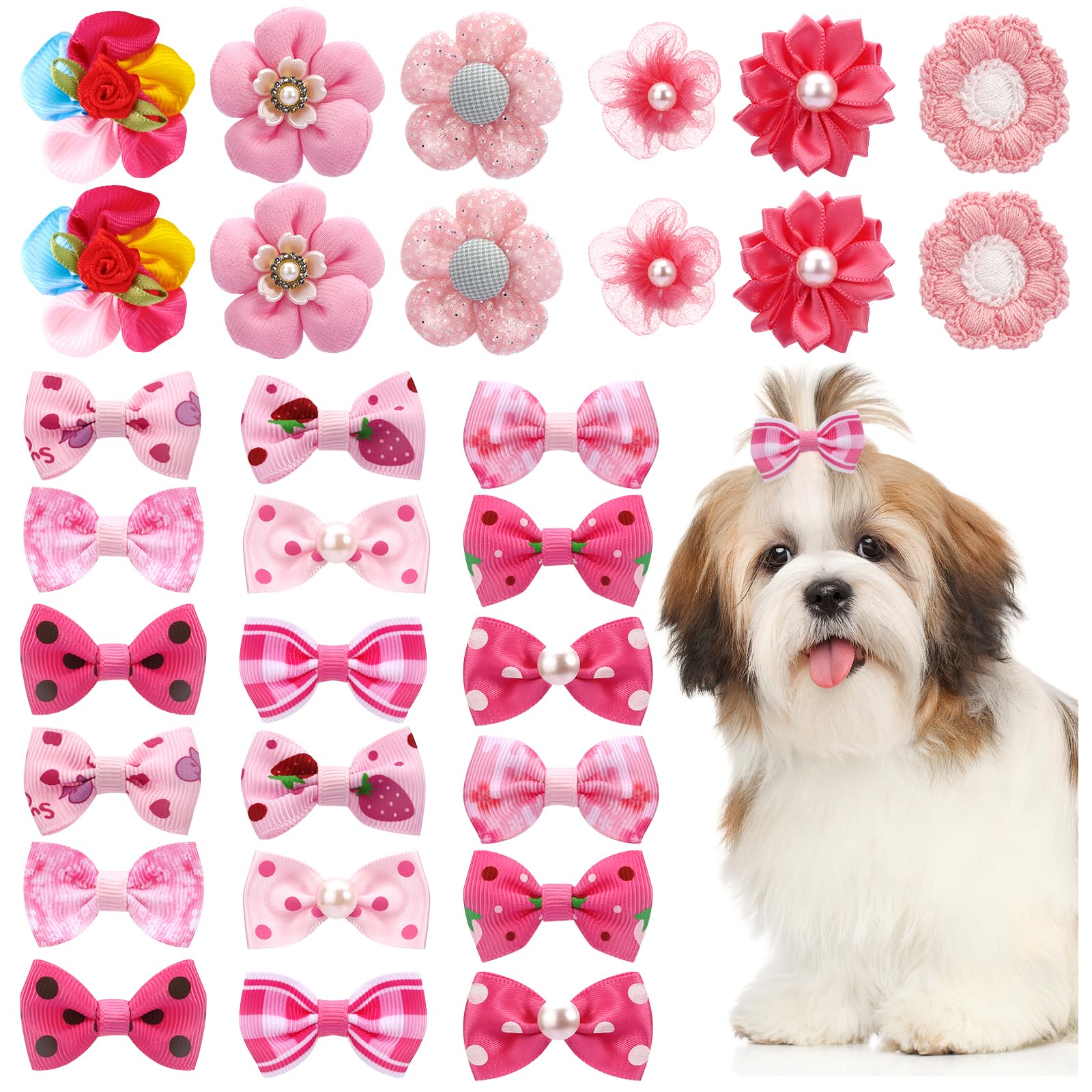 Draupnir 30PCS(15pairs) Small Dog Hair Bows, Dog Bows Small Size Dog with Rubber Bands Handmade Puppy Bows Dog Hair Accessories Cute Puppy Dog Small Hair Bows Grooming Hair Accessories (Pink) ?