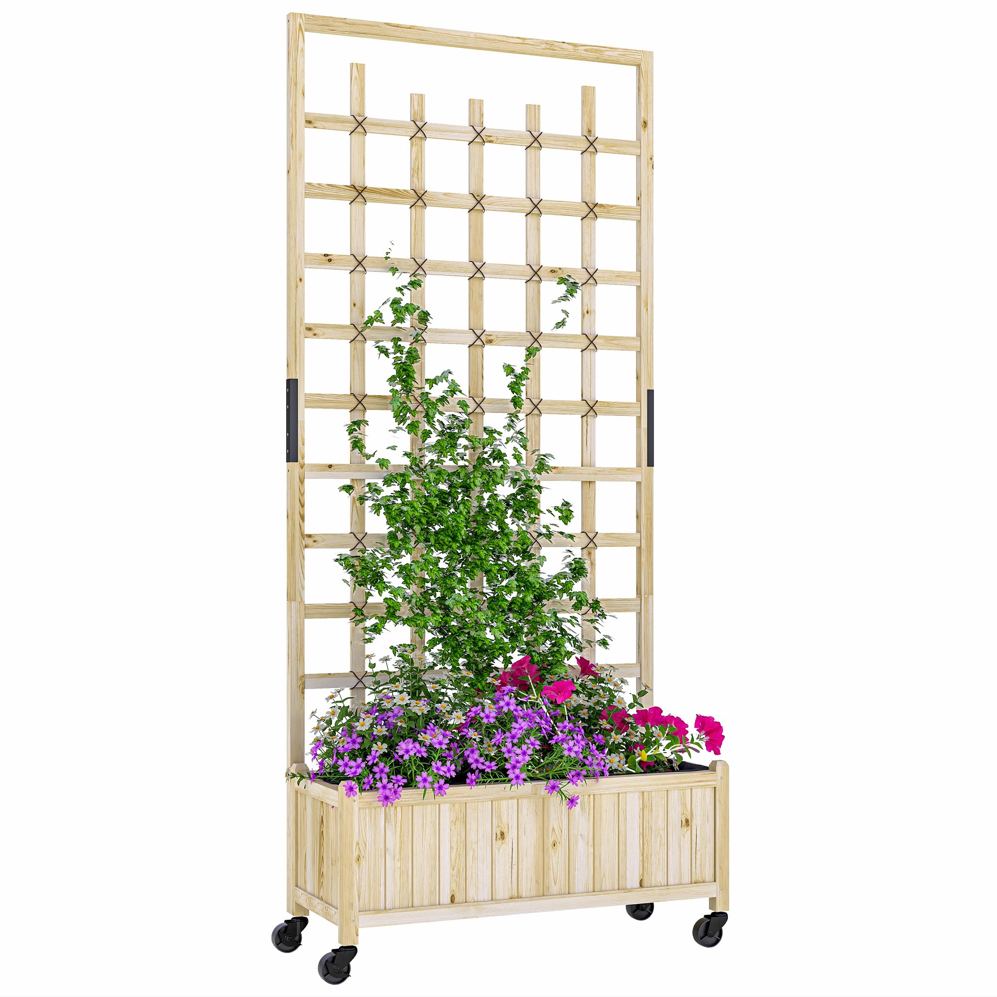 Outsunny Unisex Natural Wooden Trellis Planter, Raised Garden Bed With Wheels And Bed Liner In