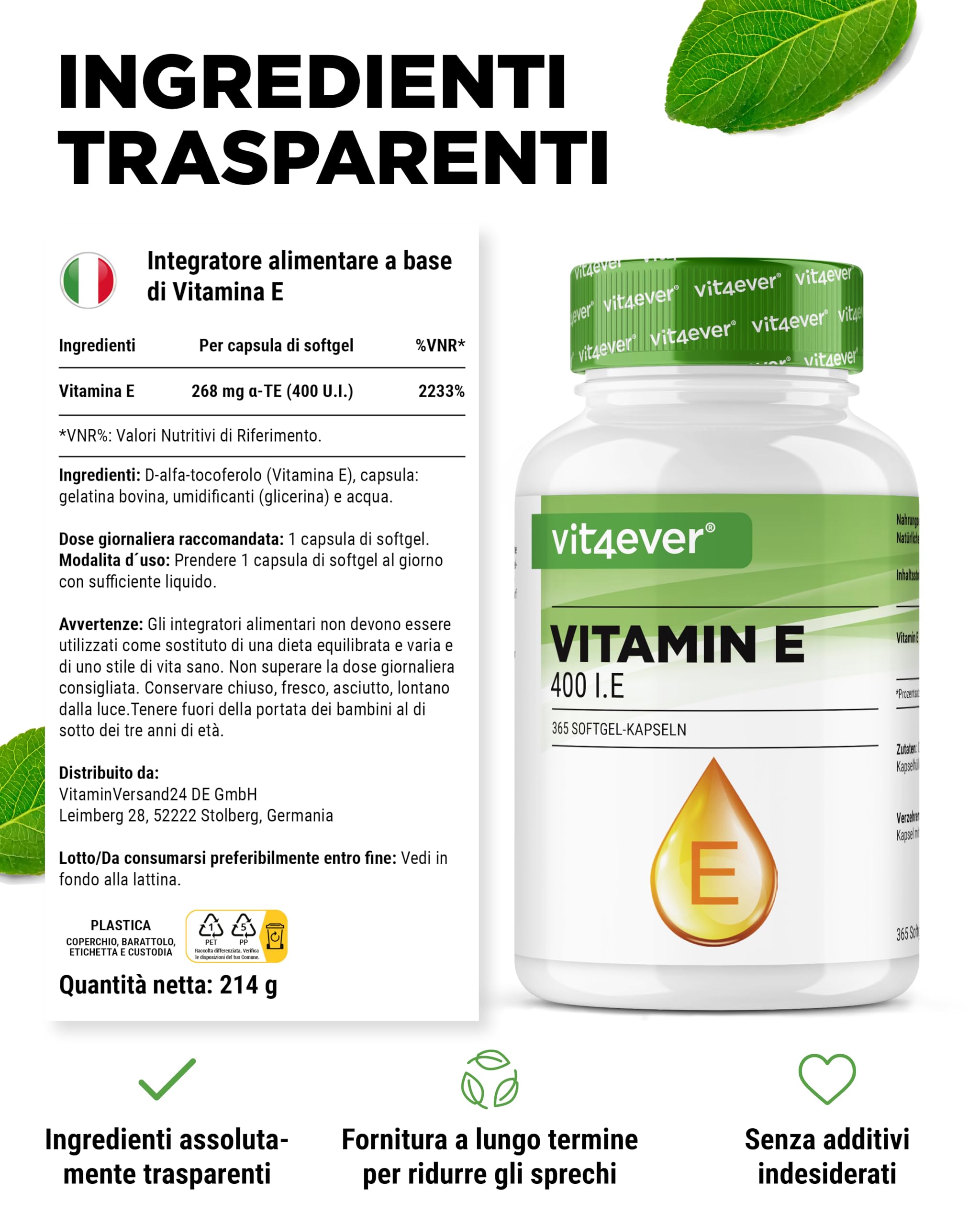 Vitamina E 400 U.I. naturale - 365 capsule softgel - Premium: Vitamina E naturale dai girasoli - Scorta per 12 mesi - Altamente dosata