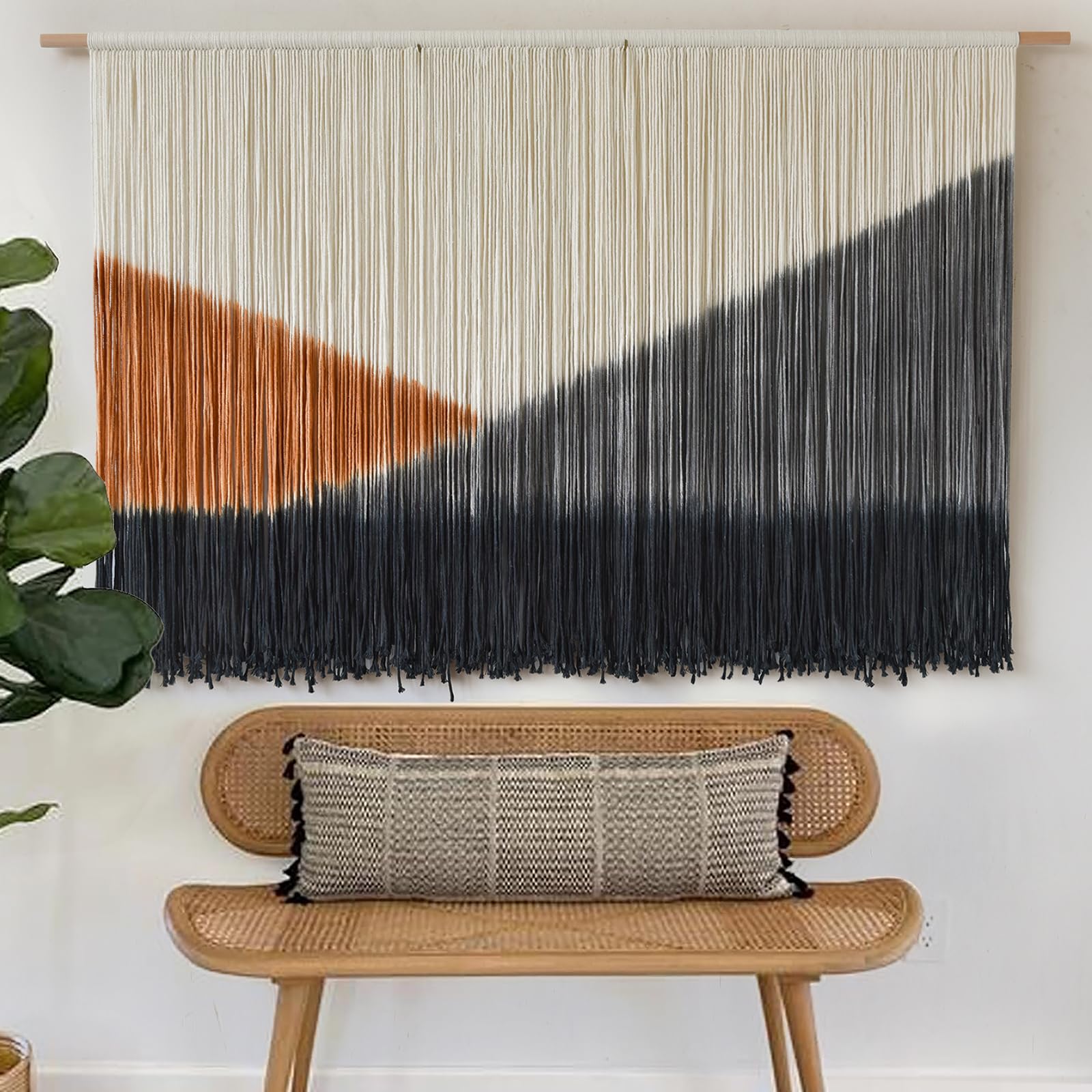 Tapiz de macramé para colgar en la pared, grande, 144 cm de ancho x 89 cm de largo, tejido bohemio, hecho a mano, tres tonos, para sala de estar, dormitorio, decoración del hogar, arte de fibra
