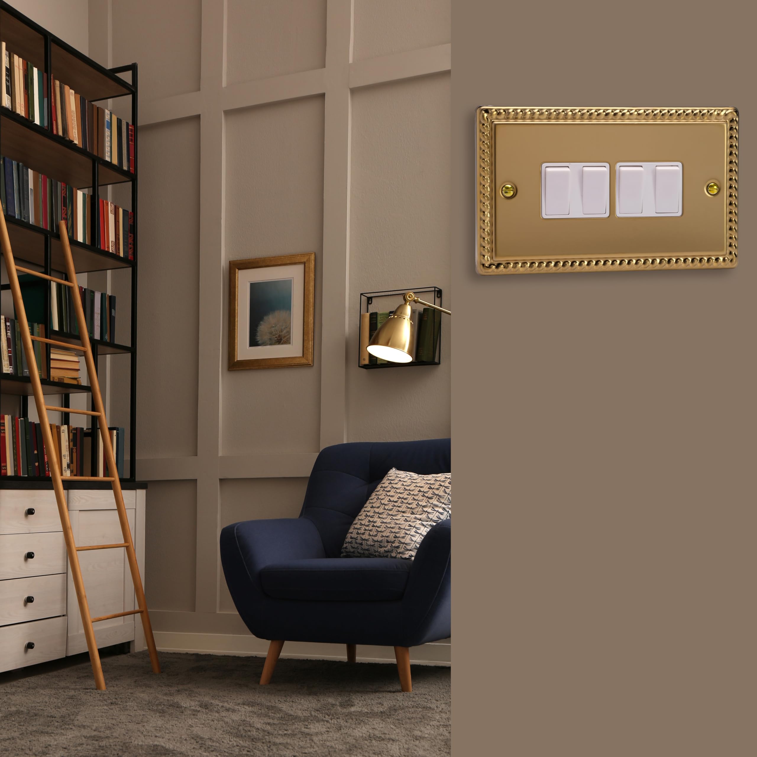Varilight Quad 2-Way Rocker Light Switch - Classic Georgian Brass With White Rockers, XG9W, 95x155x25mm - Image 2