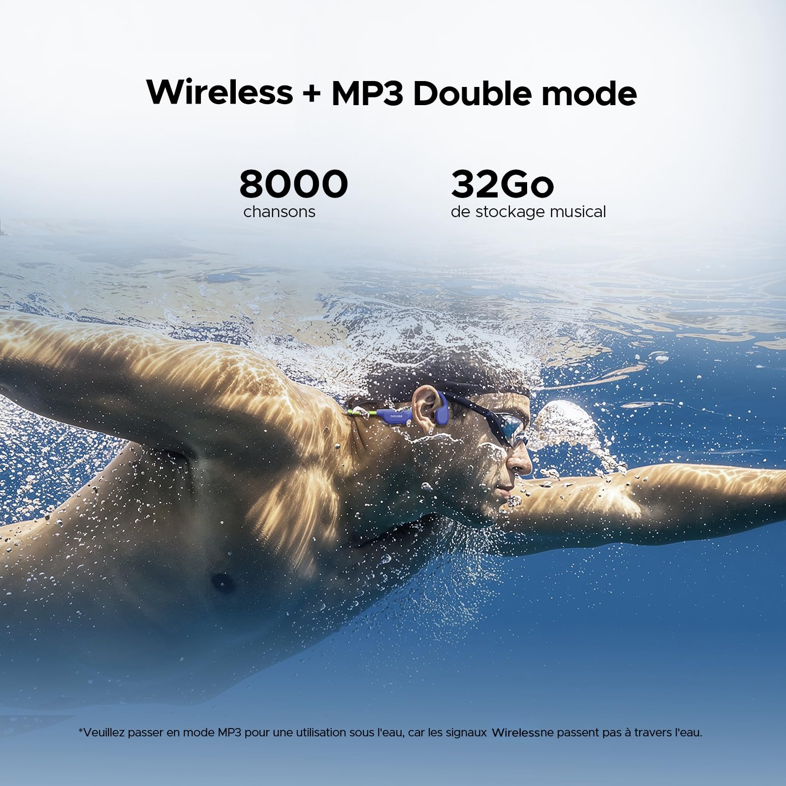 Casque à Conduction Osseuse, Écouteur Natation IP68 Casque Bluetooth sans Fil, 32 Go de Stockage, 10 Heures d'autonomie, BT6.0 Mode MP3, Idéal pour Le Vélo, la Natation et Le Fitness