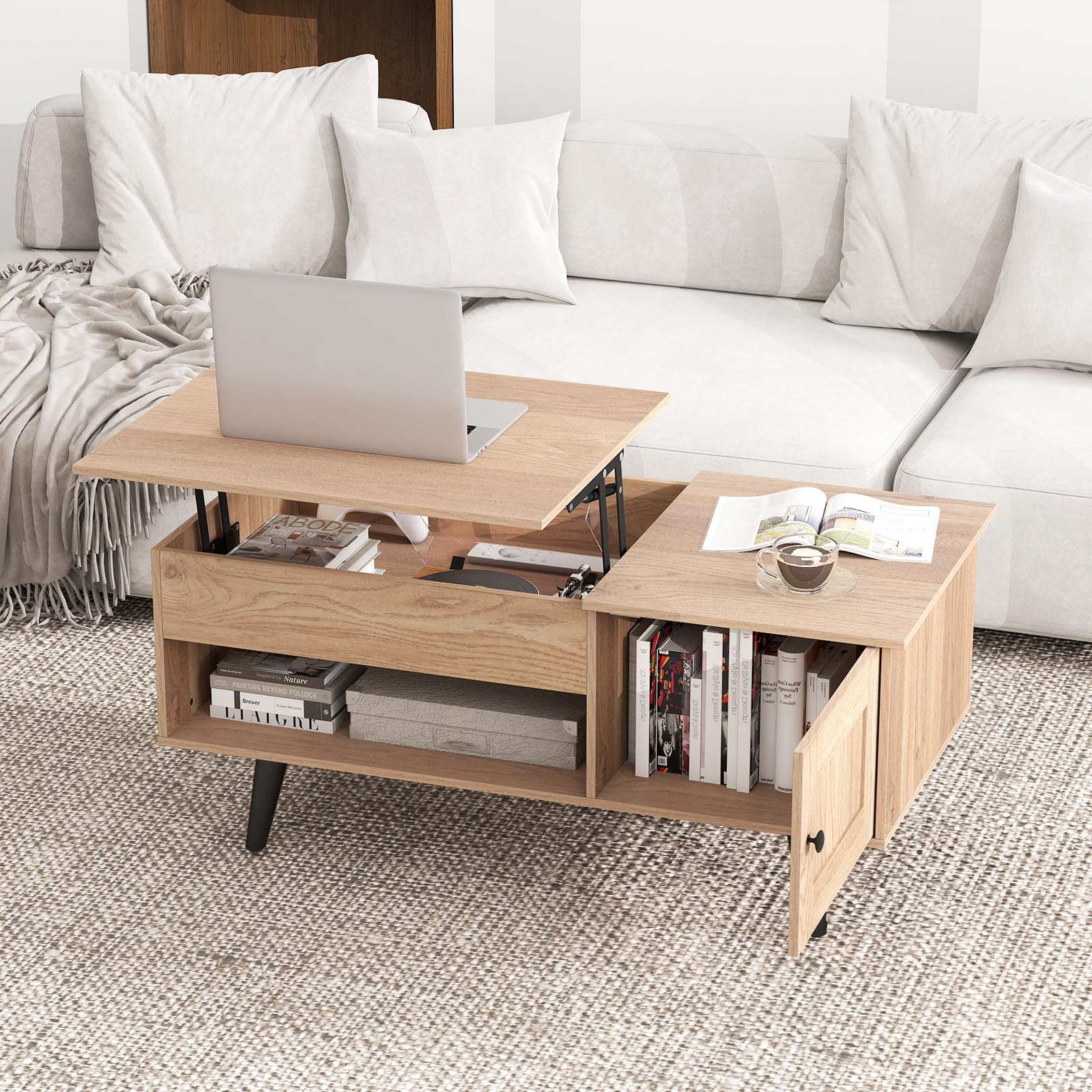 COSTWAY Mesa de Centro Elevable, Mesa de Café con Tablero Elevable, Gabinete, Compartimento Oculto y Estante Abierto, Mesita de Salón para Estudio y Oficina, 100 x 50 x 46-60 cm (Natural)