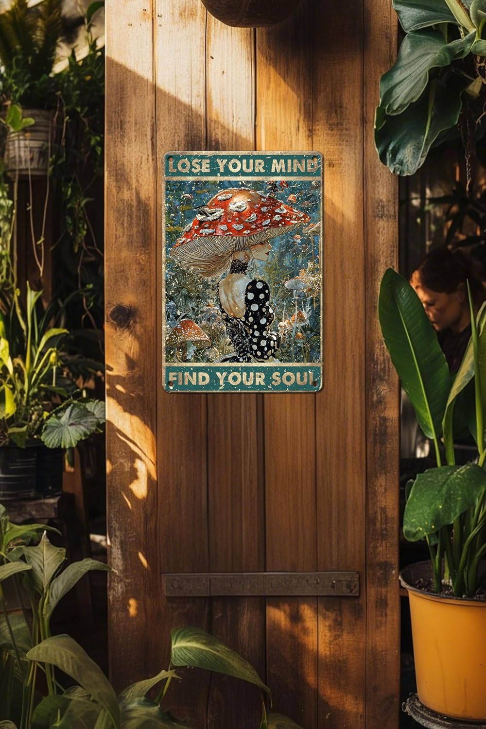 Vintage Mushrooms Hunter Metal Sign Lose Your Mind Find Your Soul Tin Poster Home Bar Kitchen Bedroom Living Room Cafes Art Wall Decor 12x8 Inch