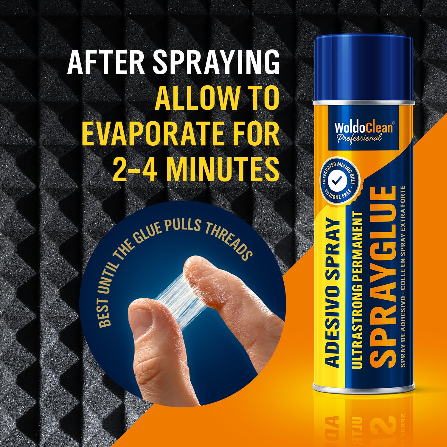 WoldoClean Klej w Sprayu do Tapicerki Sufitowej & Pianki - 3 x 500ml Spray Klejący Ekstra Mocny, Odporny na Ciepło & Transparentny, Szybkoschnący, Idealny do Tkanin, Filcu, Skóry & Tapicerki