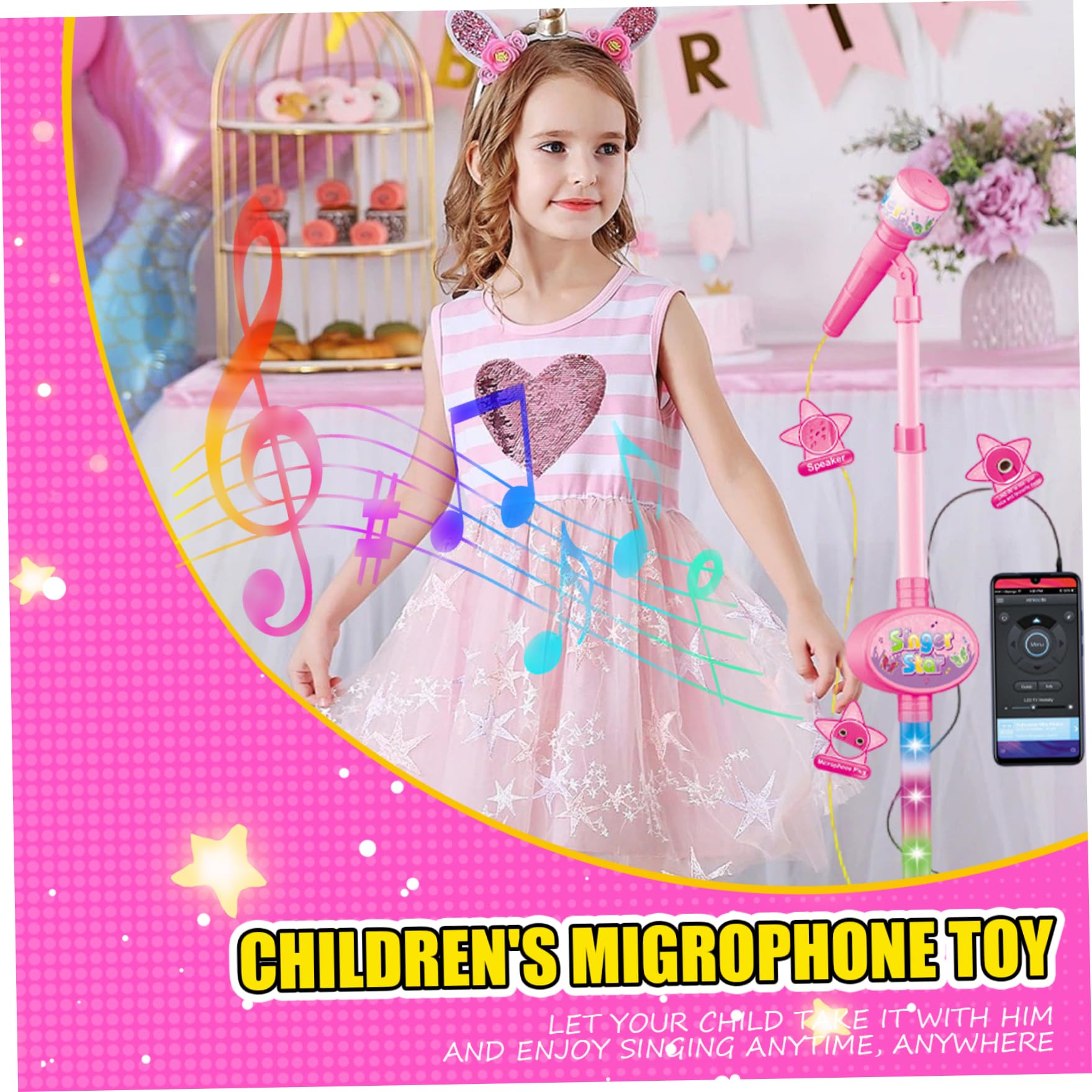 Chitarra e microfono per bambini, chitarra giocattolo con musica e luci, altezza regolabile, microfono per bambini 2 in 1 con supporto, strumenti giocattolo per l'apprendimento, per bamb