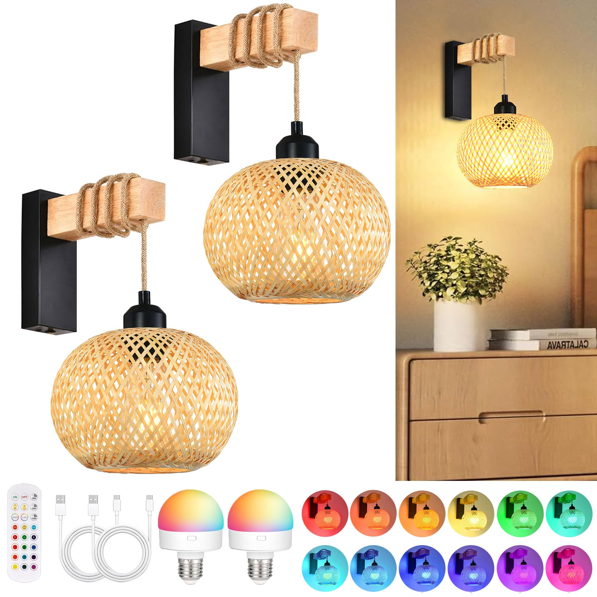 Rattan Battery Operated Wall Sconce Set of Two 2 with Remote Control,Rechargeable Wireless RGB Wall Sconces Indoor,Bamboo Dimmable Boho Wall Lamp Light Fixtures for Bedroom Living Room