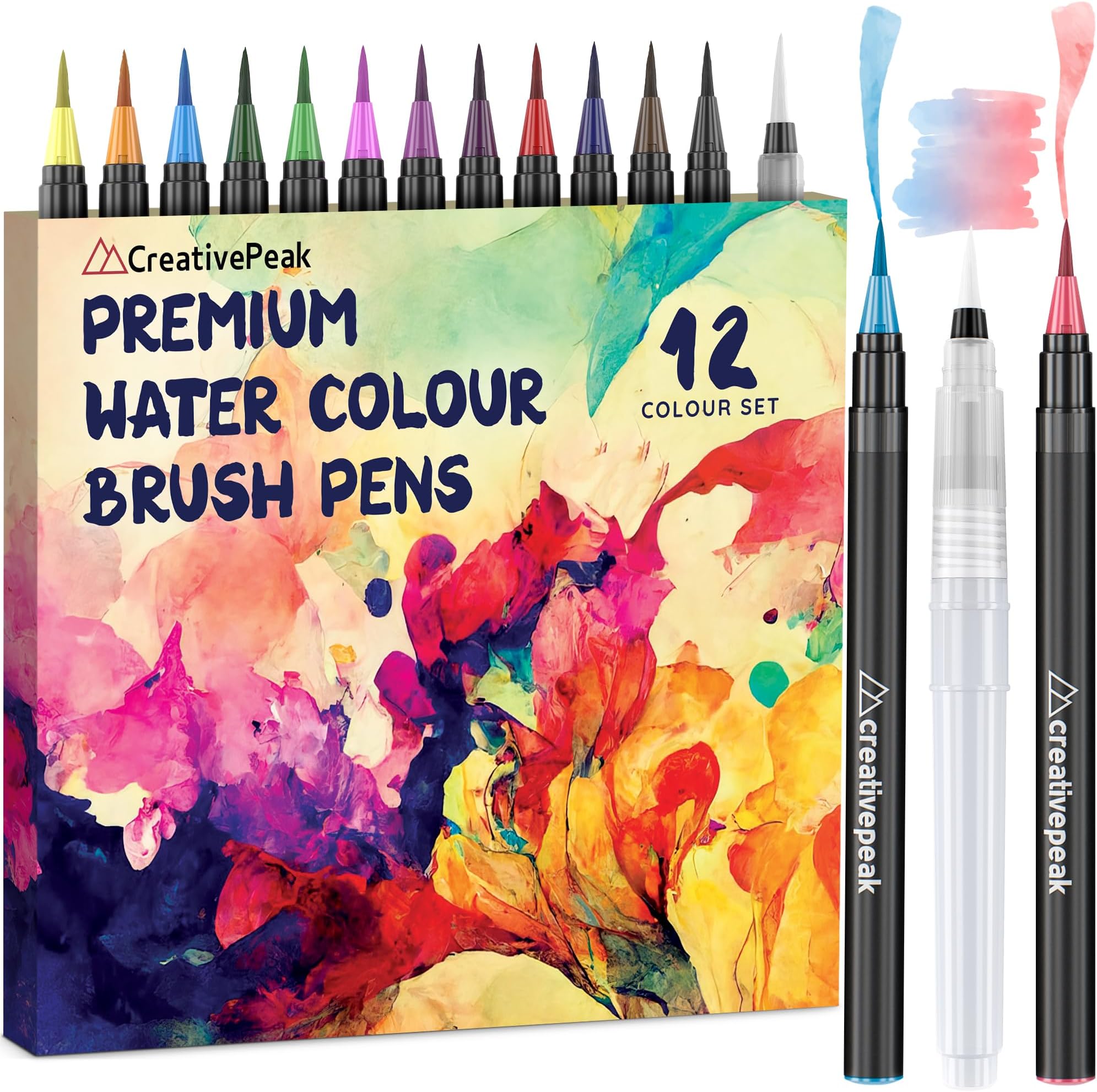 Watercolour Brush Pens, 12 Vibrant Soft Tip Colouring Markers w/Blending Brush, Watercolour Brush Pen Set for Calligraphy, Lettering, Colouring & Journaling, Premium Art Supplies