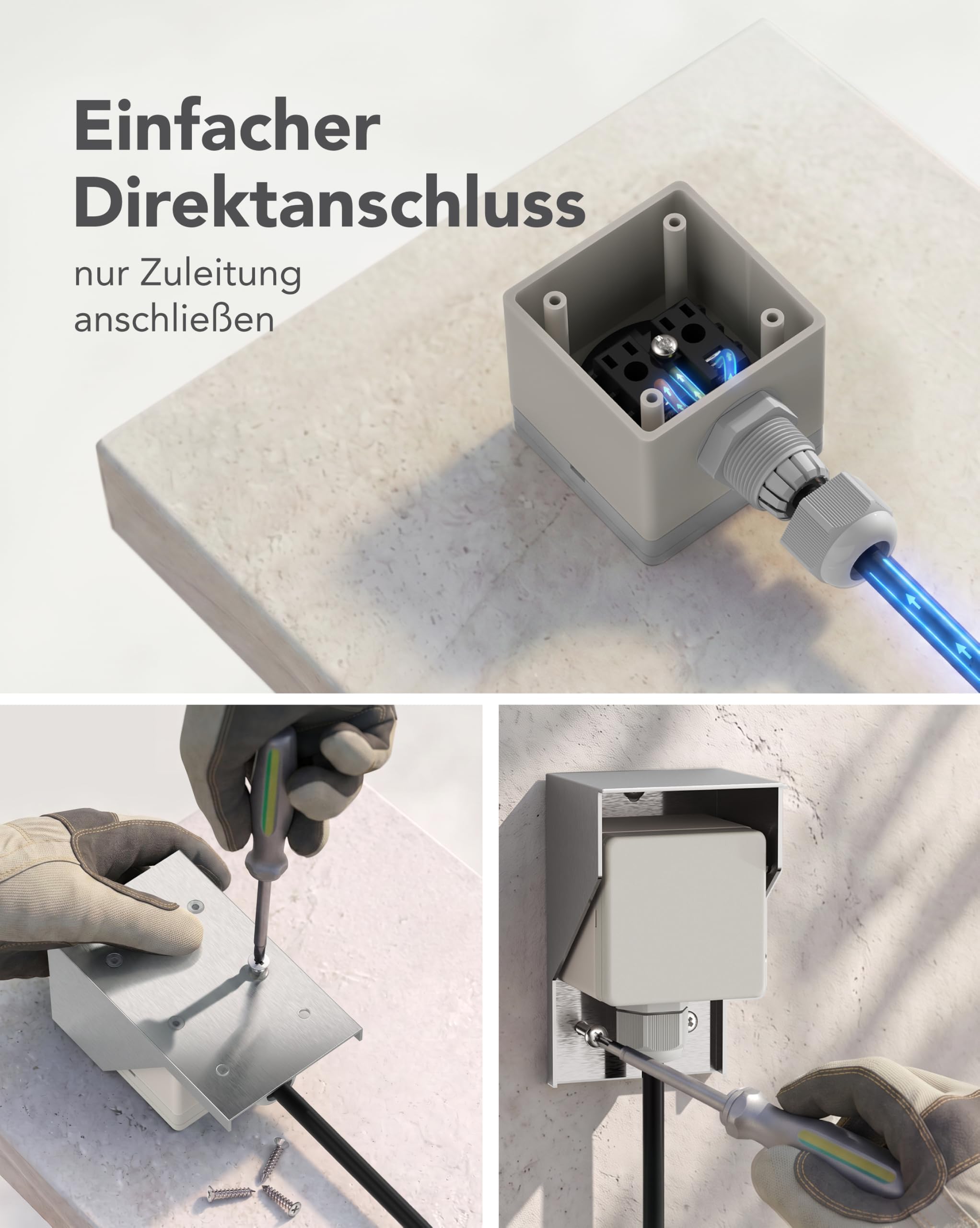 ledscom.de 2x Aufputz Steckdose PIWI für außen und 2m Kabel, IP44, 1-fach, edelstahl