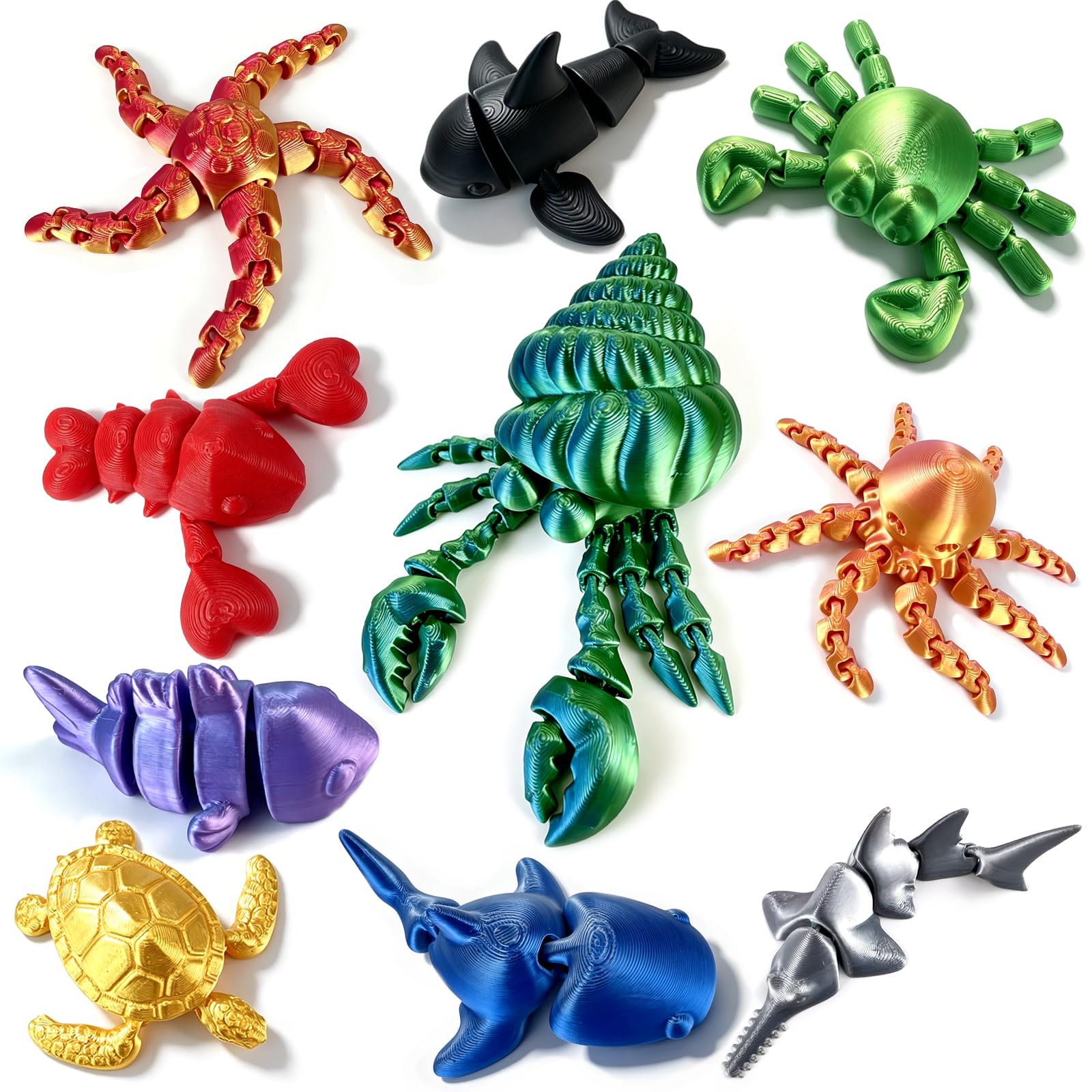 Dubydu 10 PCS 3D Printed Sea Animals, Flexible 3D Printed Animals, Articulated 3D Printed Fidget Toys, 3D Printed Fidget Animals Bulk, Stress Relief Desk Toys