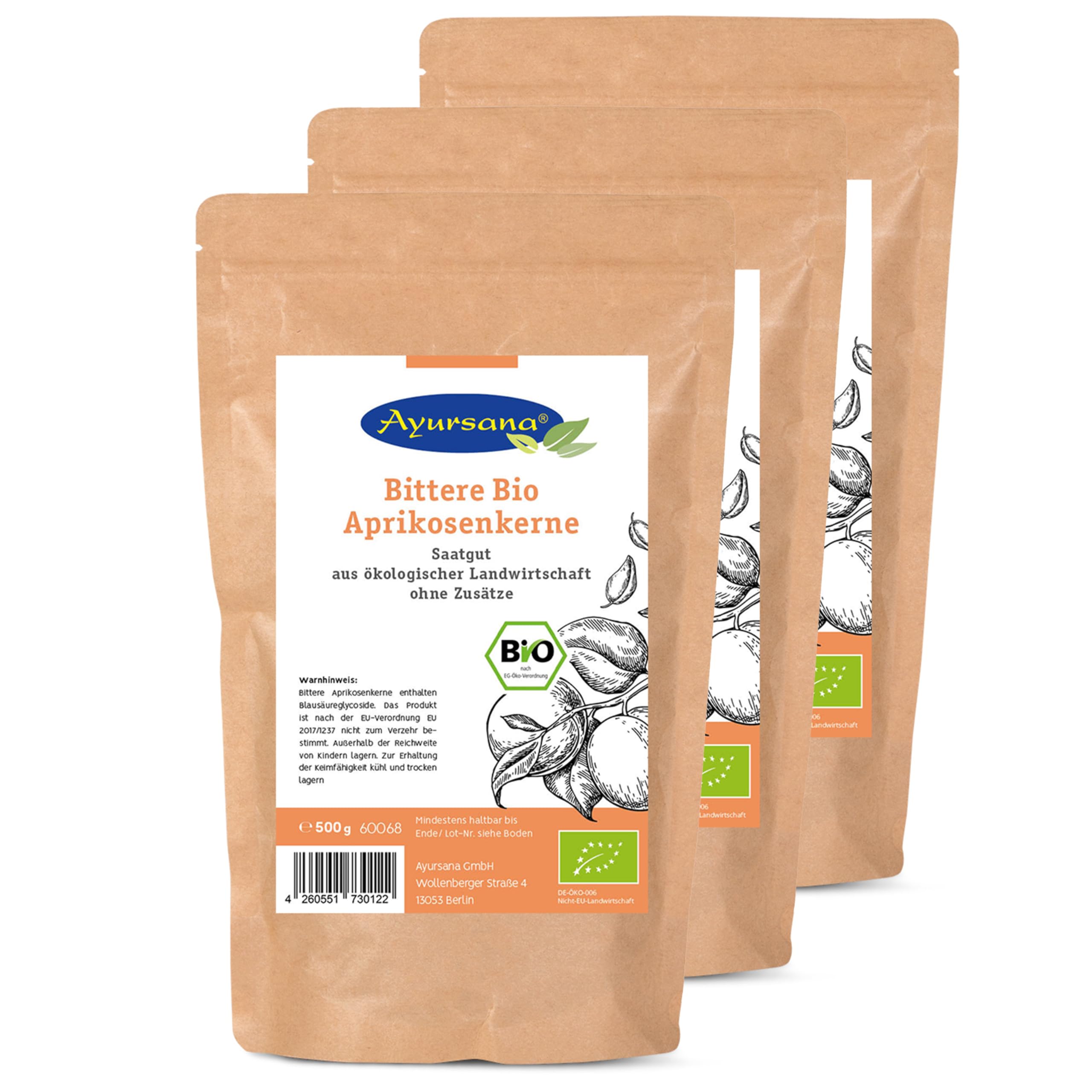 Ayursana Bittere Aprikosenkerne 3x500 g Bio-Qualität Saatgut | 3x500 g bittere Aprikosenkerne, hoher Amygdalin-Anteil, schadstoffgeprüft im deutschen Labor, Bio-Qualität