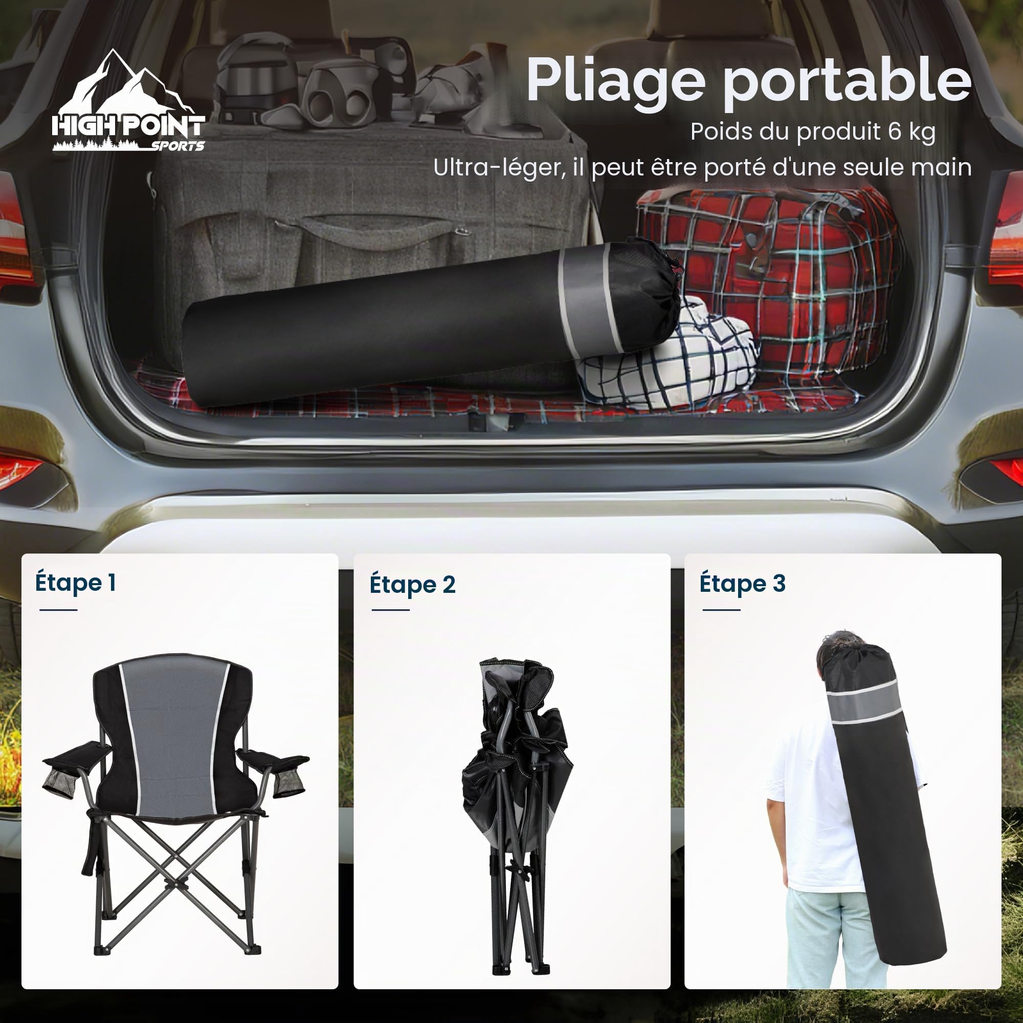 HIGH POINT SPORTS Chaise Pliante Camping 160KG, Chaise de Camping Pliable Portable Surdimensionnée Chaise Pliante Exterieur et Interieur Fauteuil Camping Chaise de Peche Noir-Gris