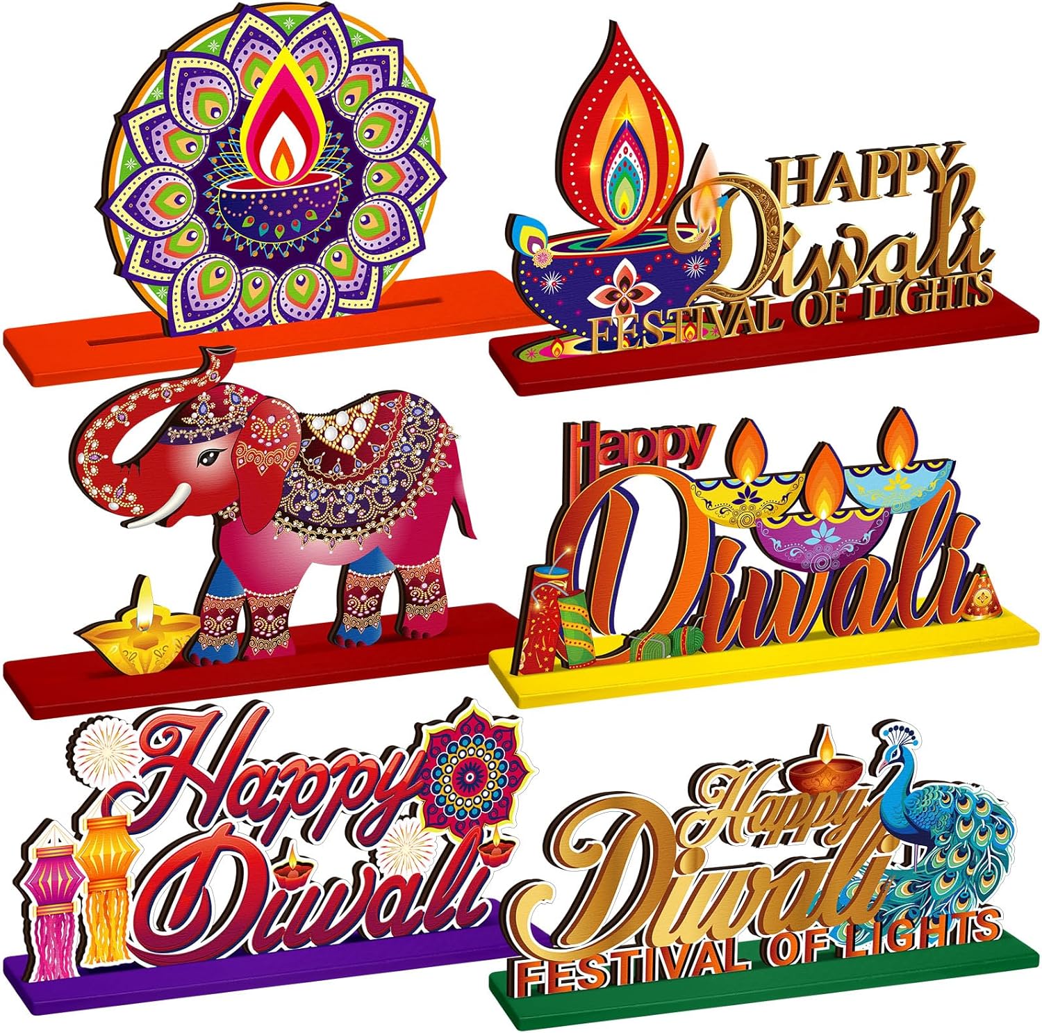 6 Pcs Diwali Table Decorations Happy Diwali Decorations Deepavali Candle Oil Lamp Wooden Table Centerpieces India Festival of Lights Sign for India Diwali Party Supplies Home Decor