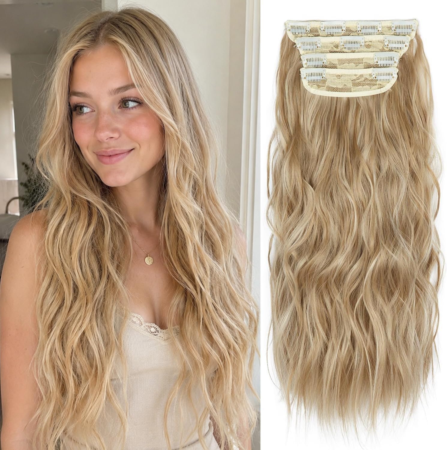 20 Inches Blonde Hair Extensions Clip ins, 4Pcs Curly Synthetic Clip in Hair Extensions (Color: Dark Blonde with Bleach Blonde Highlights)