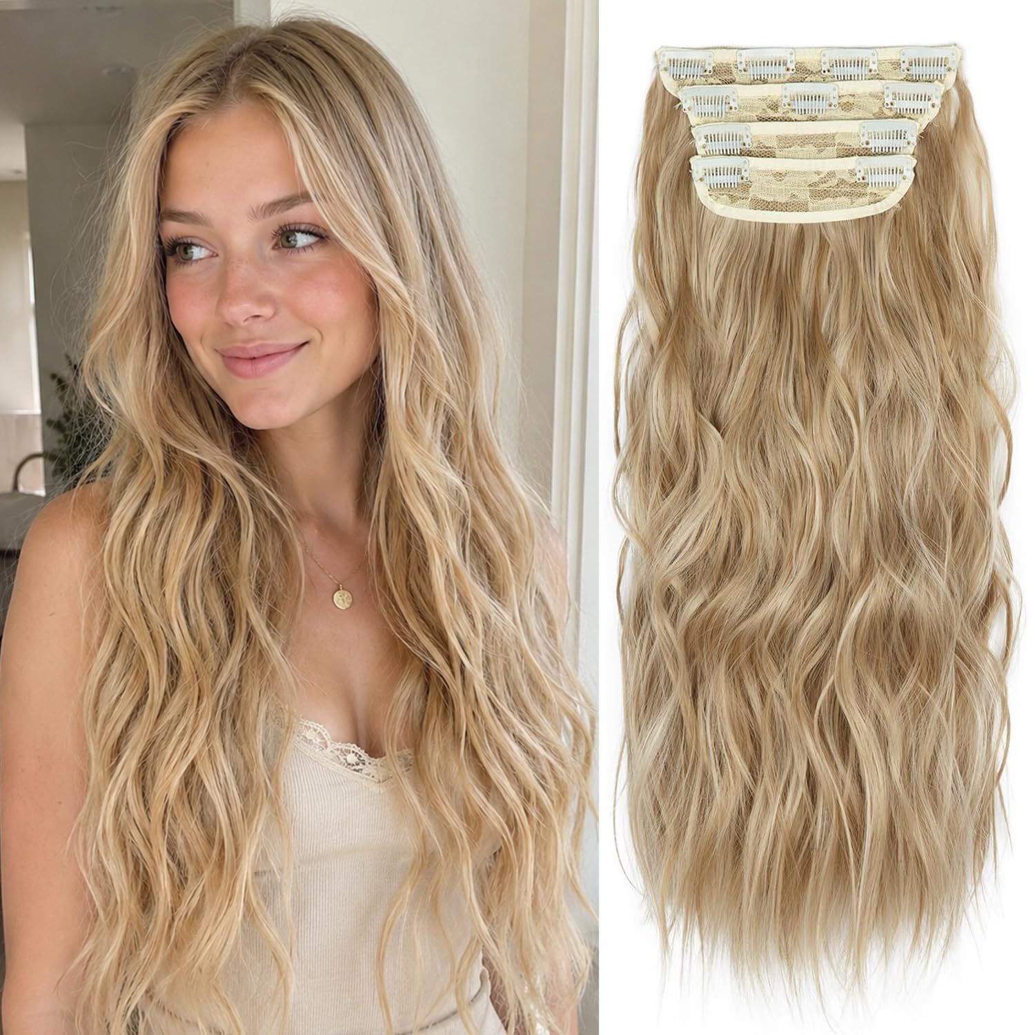 Photo 1 of 20 Inches Blonde Hair Extensions Clip ins, 4Pcs Curly Synthetic Clip in Hair Extensions (Color: Dark Blonde with Bleach Blonde Highlights)
