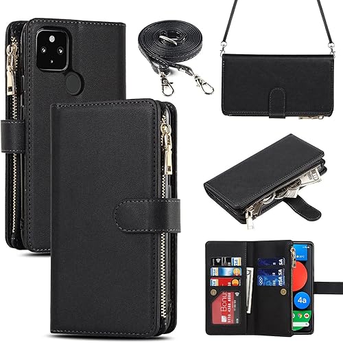 iCoverCase Funda tipo cartera para Google Pixel 4a 5G con soporte para tarjetas, función atril, funda de piel sintética con cordón ajustable para