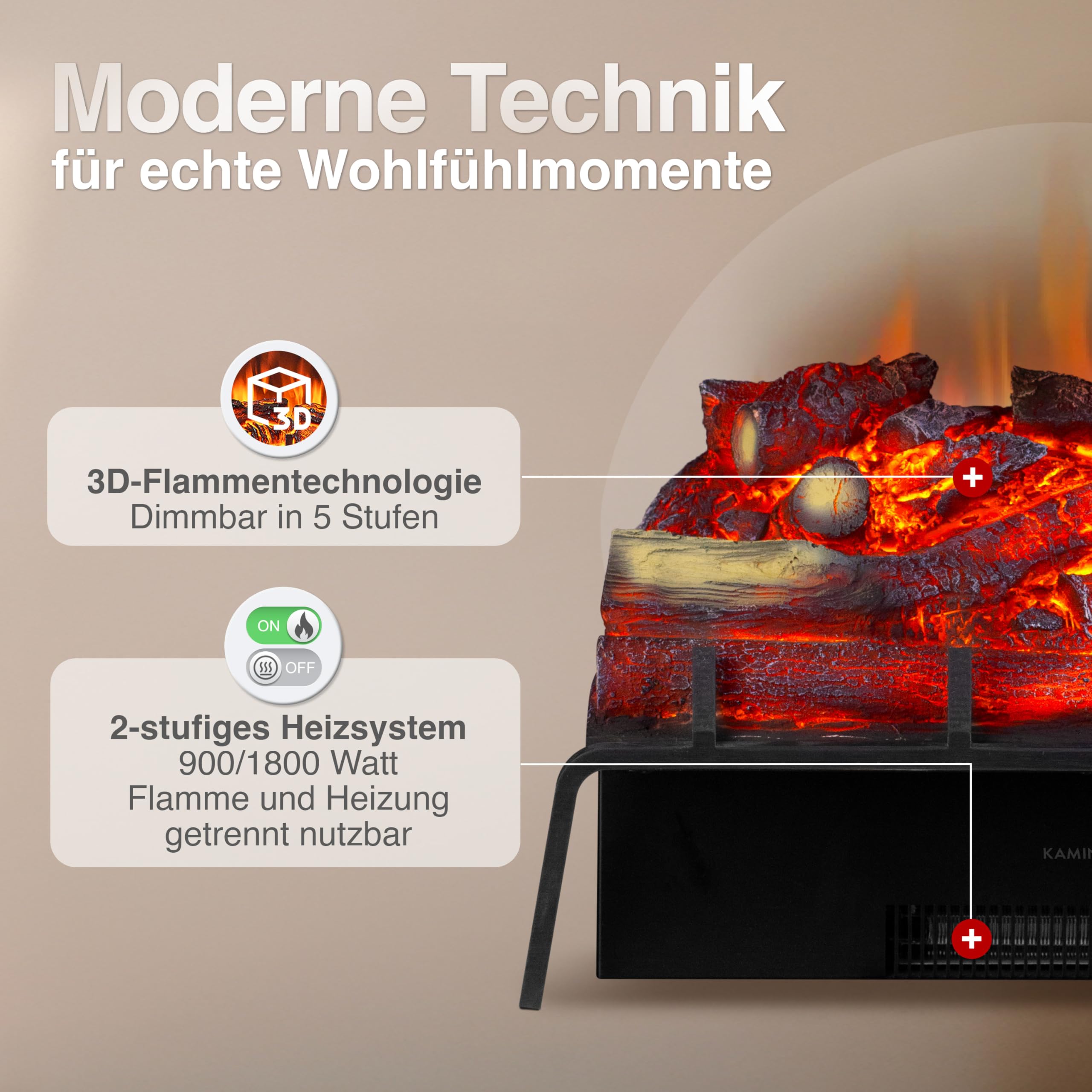 KAMINIO Elektrokamin Noah - Elektrischer Kamineinsatz mit Heizung, 3D-Flammeneffekt, Fernbedienung