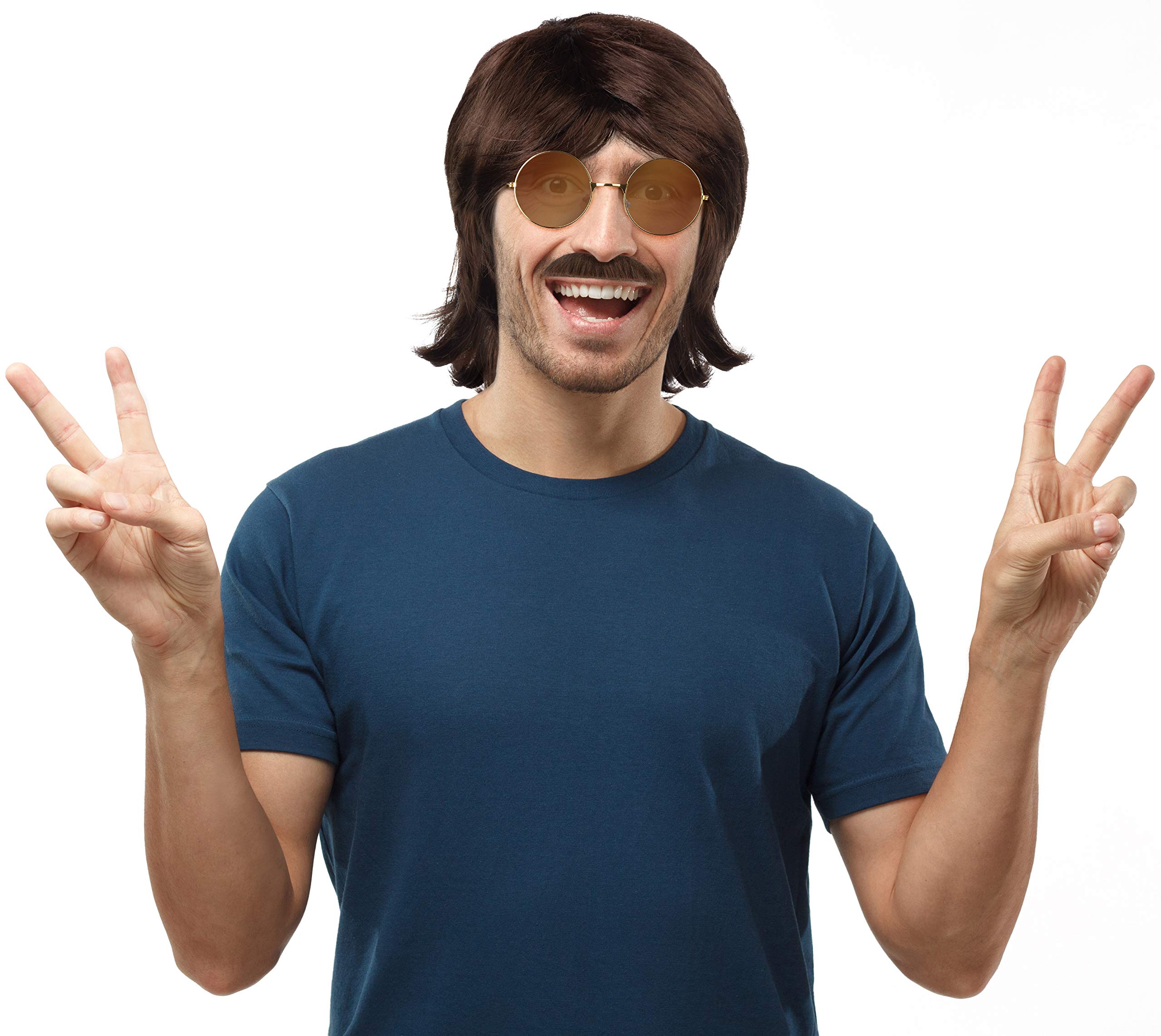 ZESTAW z krótk peruk mullet z lat 80/90 w kolorze brzowym + okulary + wsy