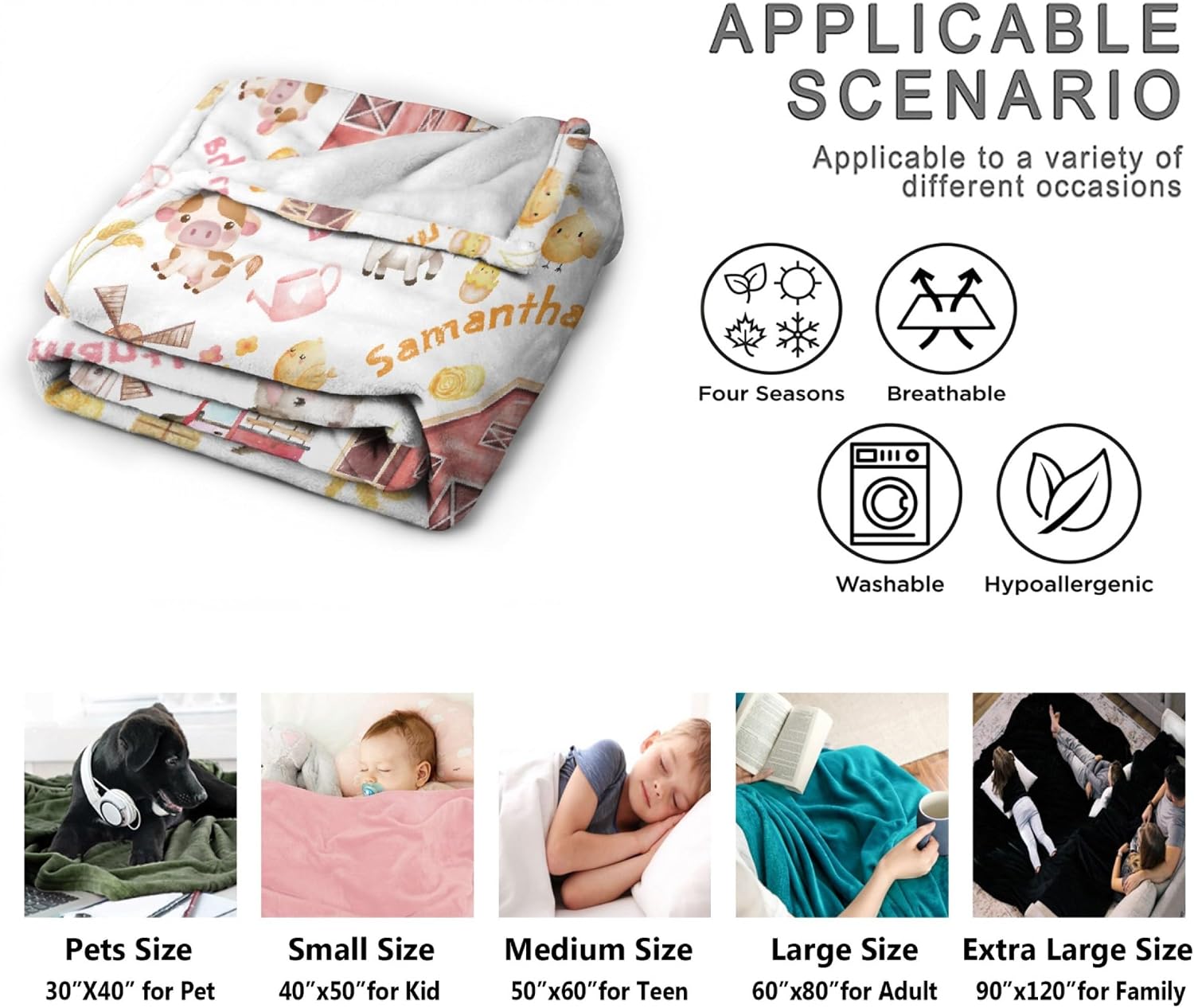 Maitreya Custom Farm Animals Baby Name Blanket,Personalized Farm Animals Baby Blanket,Custom Blankets or Kids,Customized Name Blanket for Toddlers Kids Nursery Crib Decor,40"x50"-Throw Size