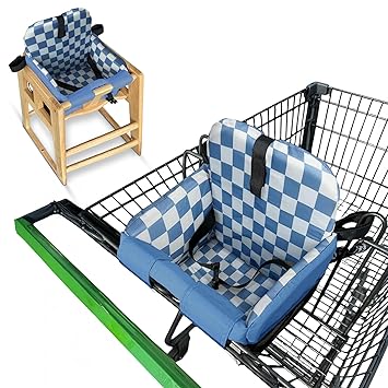 Shopping Cart Seat Cover for Baby, High Chair & Grocery Seat Protector, Padded Chair Covers for Restaurant Seats, Unisex Machine Washable Grocery Cart Liner & Swing Insert – Blue Checkered