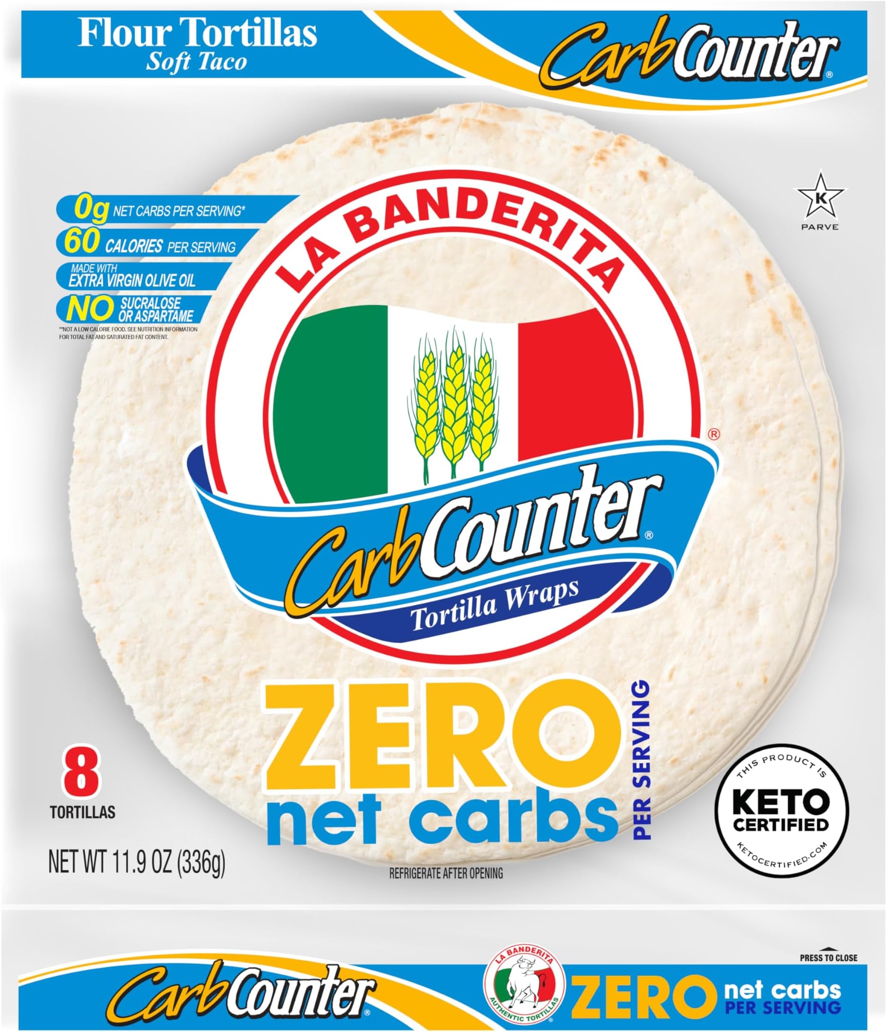 ZERO Net Carbs | 8" Size FlourTortillas |Keto Certified | 11.8 oz.| 8 Count (Pack of 12)
