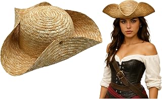 Adult Straw Tricorn Hat Adjustable Colonial, Pirate, & Southern Wide-Brim Hat for Men & Women Gardening, Outdoor Work, Historical Reenactment, Cosplay, & Costume Accessory