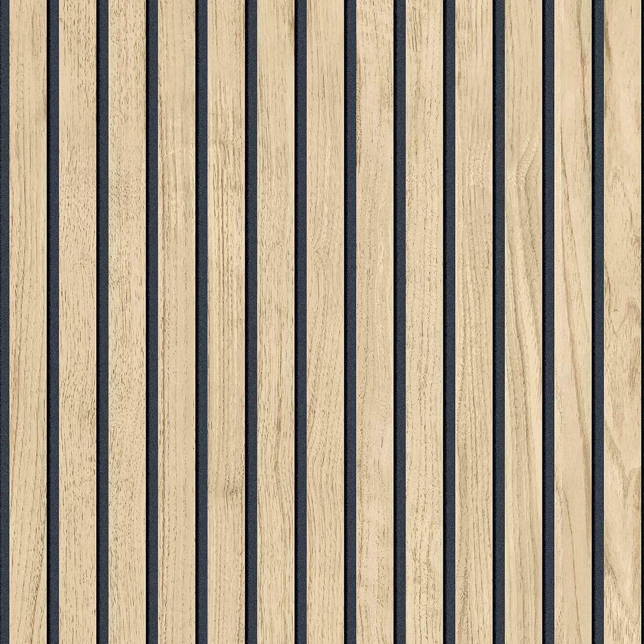 Panacea Wood Slats Wallpaper Light Oak Black Realistic Striped Natural