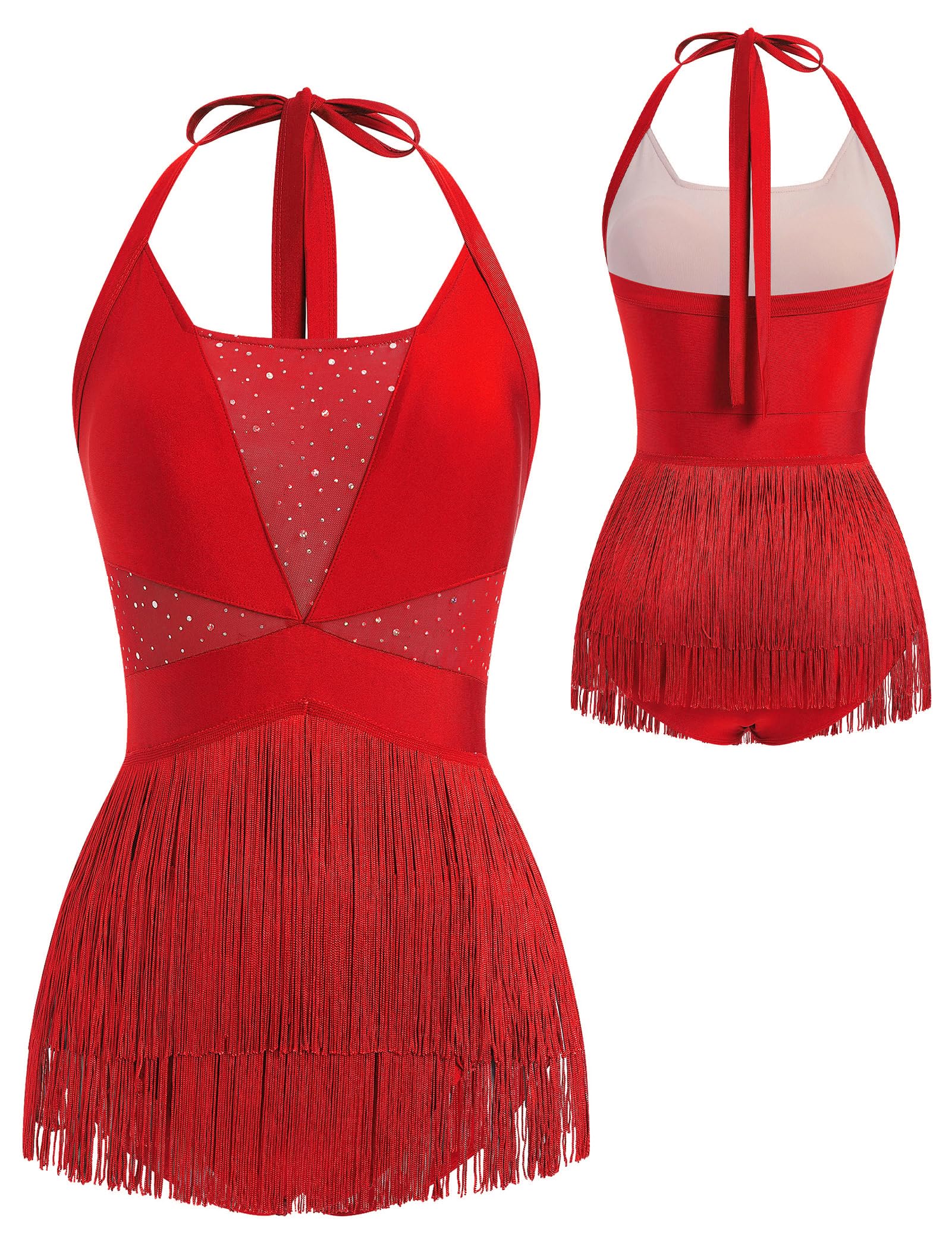 Costume da ballo latino da donna con paillettes e frange, body scintillante con nappe, body da danza con allacciatura al collo, tango, salsa, jazz, acrobatica
