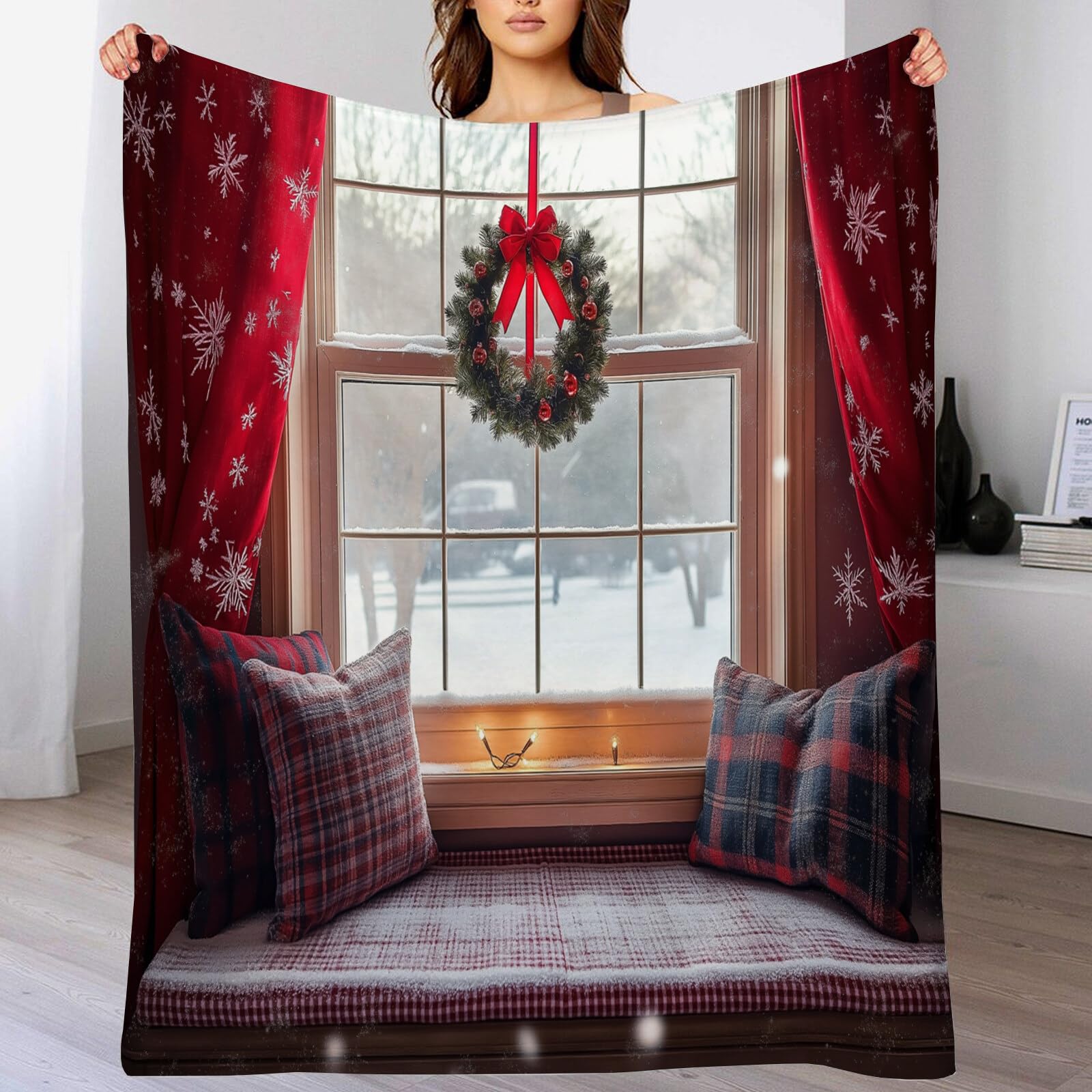 Manta De Navidad Rojo Blanco Habitación Garland 220X240Cm Suave Cálida Y Peluda Decoración Navideña,Acogedora Paisaje Navideño Adolescentes De Adultos para TV Sofá En Vacaciones