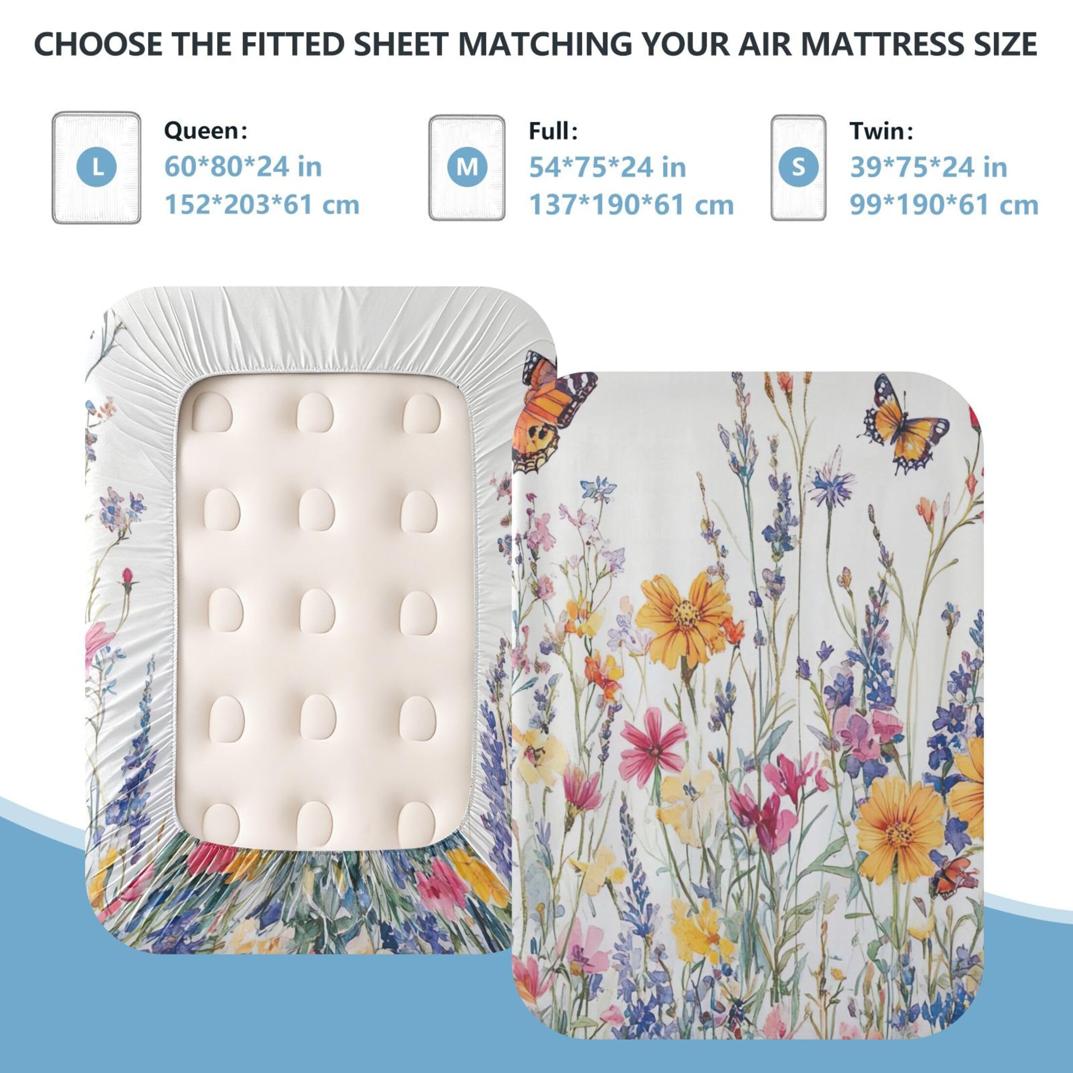 Vibrantes flores silvestres sábana bajera para colchón de aire, bolsillo extra profundo de 24 pulgadas, funda suave y transpirable con apertura de válvula de cremallera para cama de aire